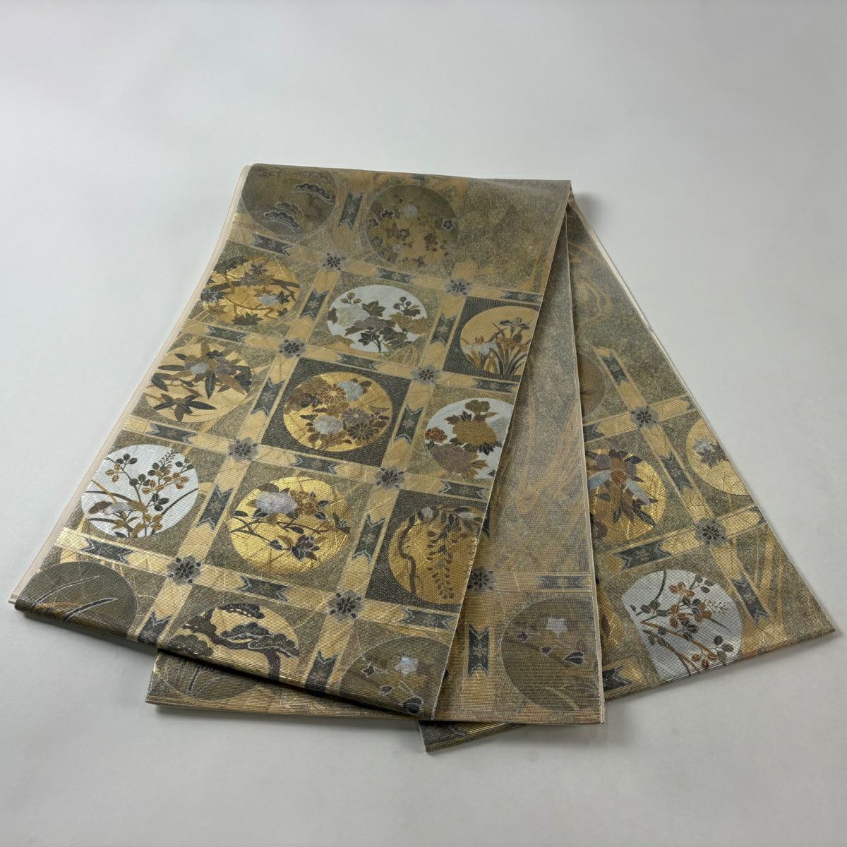 【美品】 袋帶 名品級 格天井琳派圓文 草花紋 螺鈿金金箔 灰綠 お太鼓圖案 純蠶絲