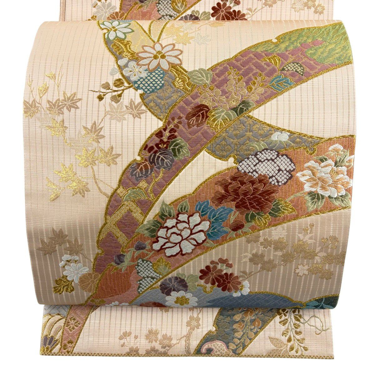 【美品】 袋帶 名品級 關西仕立 雪芝 草花紋 金糸 金金箔 鮭粉色 六通 純蠶絲