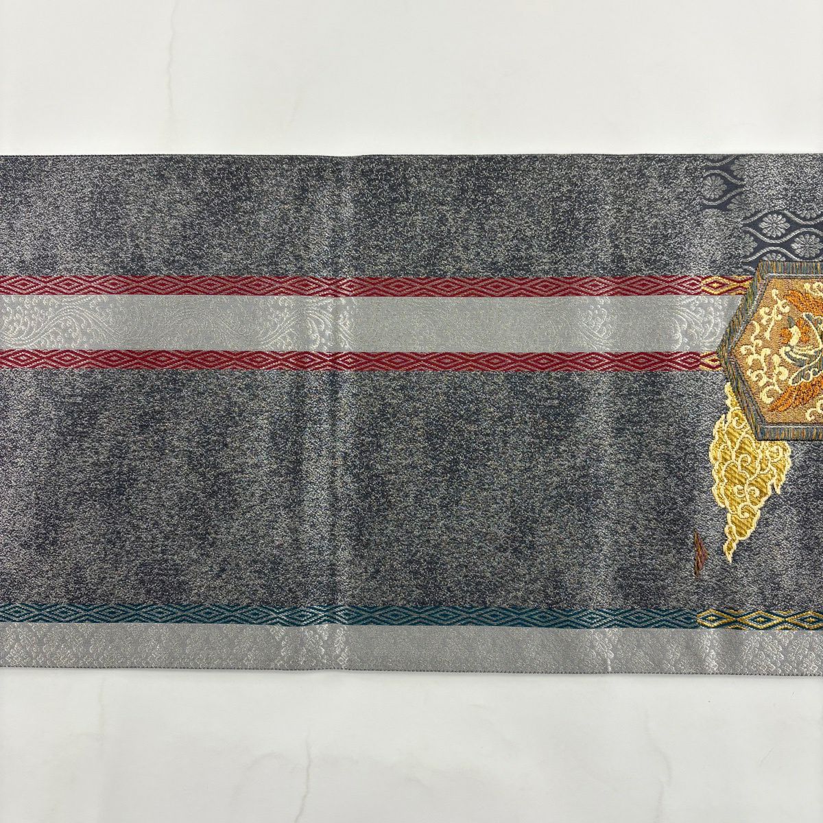 【美品】 袋帶 名品級 龜甲 雲文 金絲 螺鈿 灰色 大鼓圖案 純蠶絲