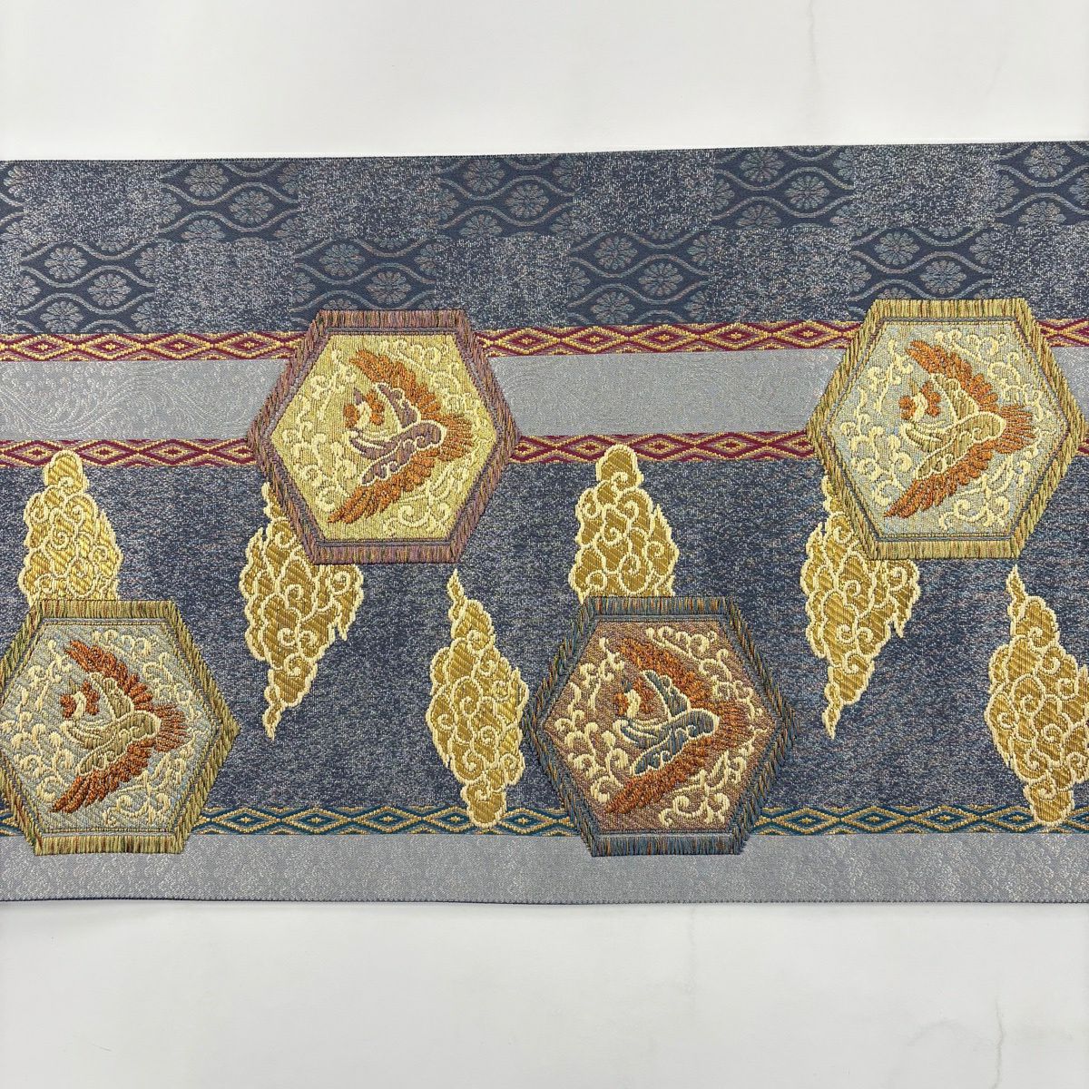 【美品】 袋帶 名品級 龜甲 雲文 金絲 螺鈿 灰色 大鼓圖案 純蠶絲