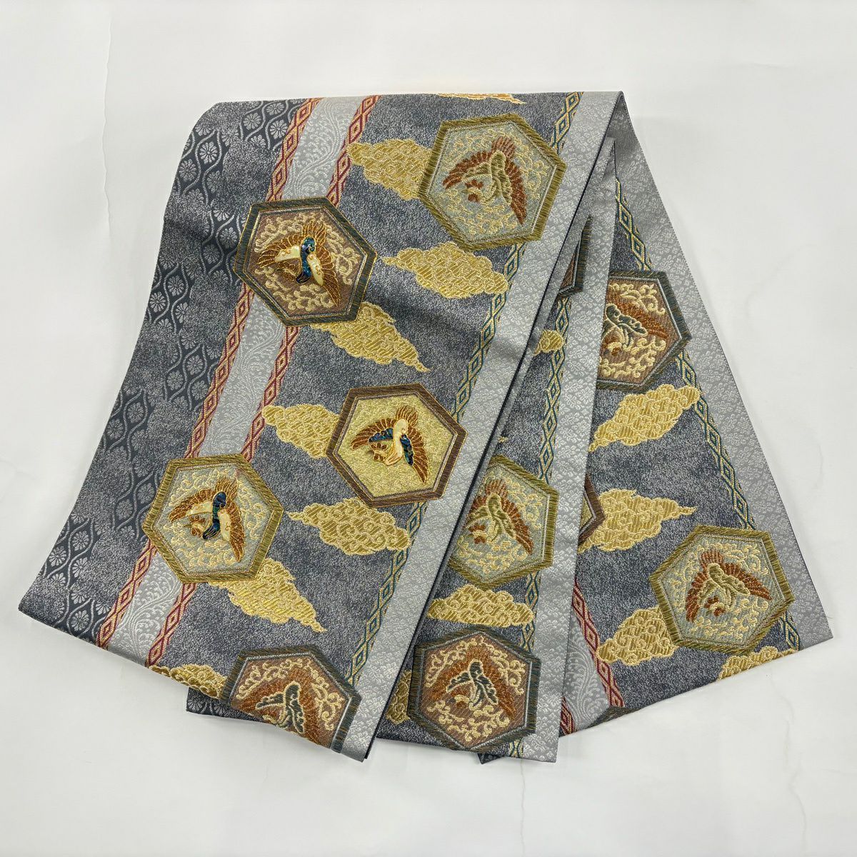 【美品】 袋帶 名品級 龜甲 雲文 金絲 螺鈿 灰色 大鼓圖案 純蠶絲