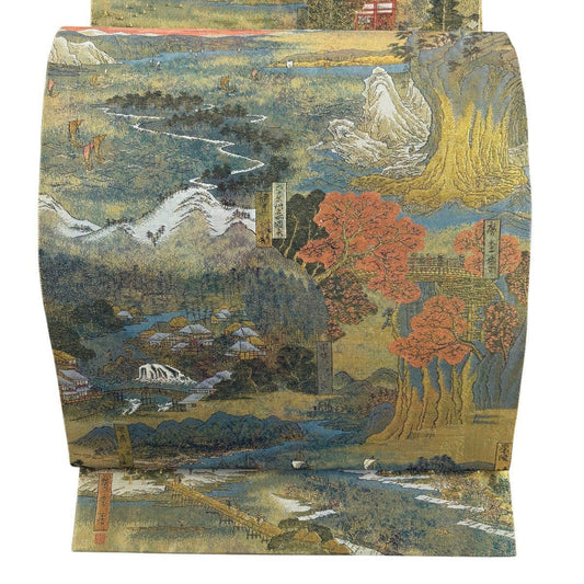 【美品】 袋帶 名品級 広重 六十餘州名勝全景圖 風景 24金白金雙層金金箔 灰綠 お太鼓圖案 純蠶絲