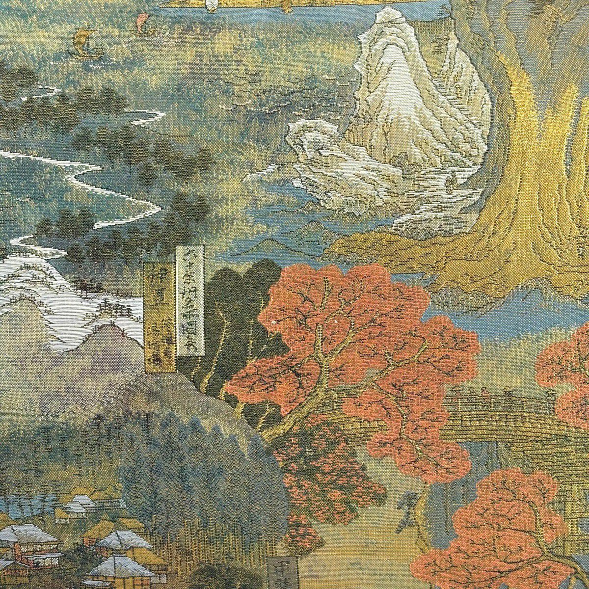 【美品】 袋帶 名品級 広重 六十餘州名勝全景圖 風景 24金白金雙層金金箔 灰綠 お太鼓圖案 純蠶絲