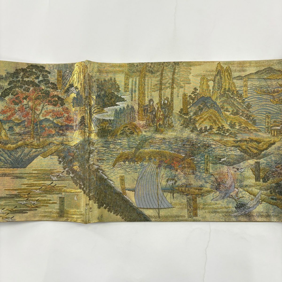 【美品】 袋帶 名品級 広重 六十餘州名勝全景圖 風景 24金白金雙層金金箔 灰綠 お太鼓圖案 純蠶絲