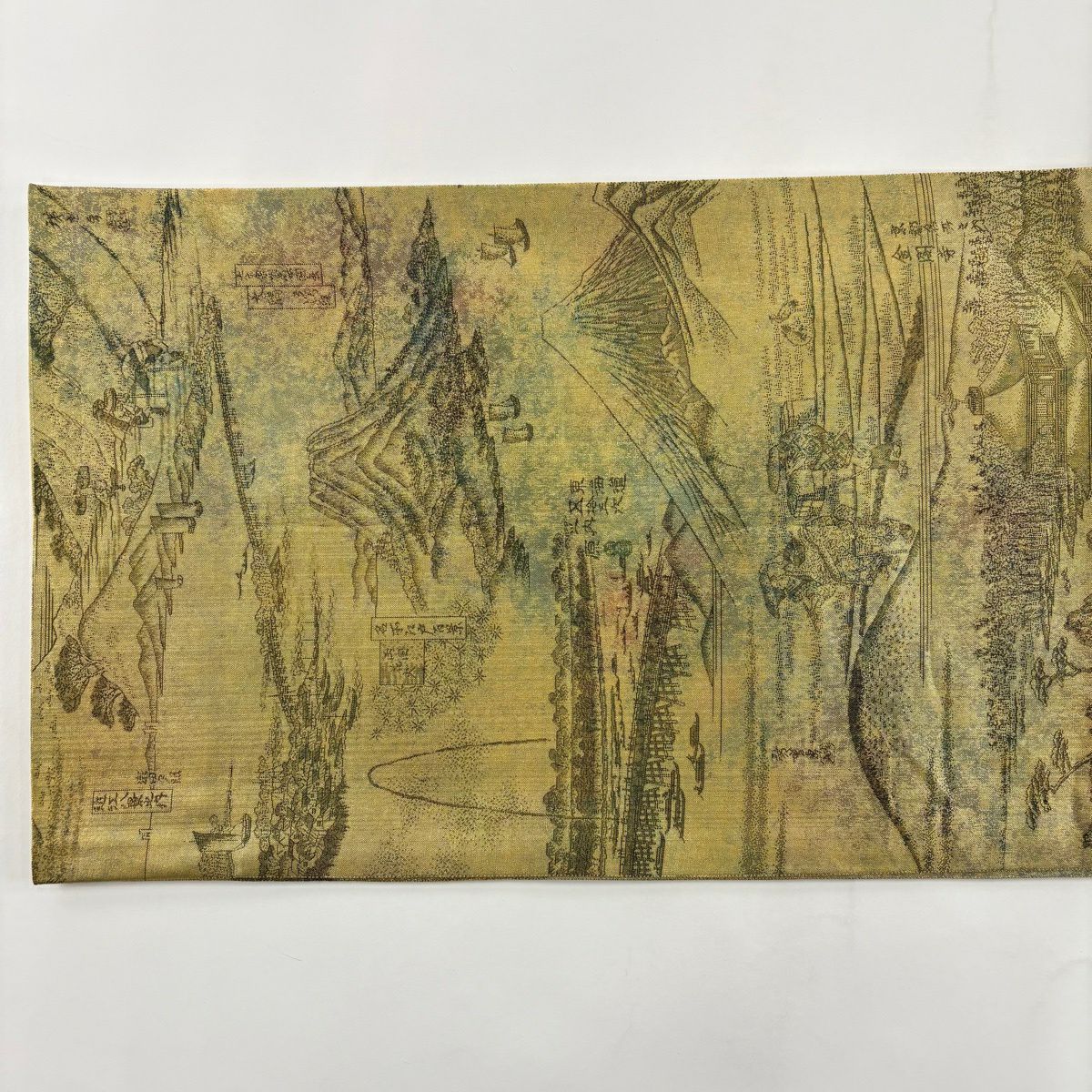 【美品】 袋帶 名品級 広重 六十餘州名勝全景圖 風景 24金白金雙層金金箔 灰綠 お太鼓圖案 純蠶絲