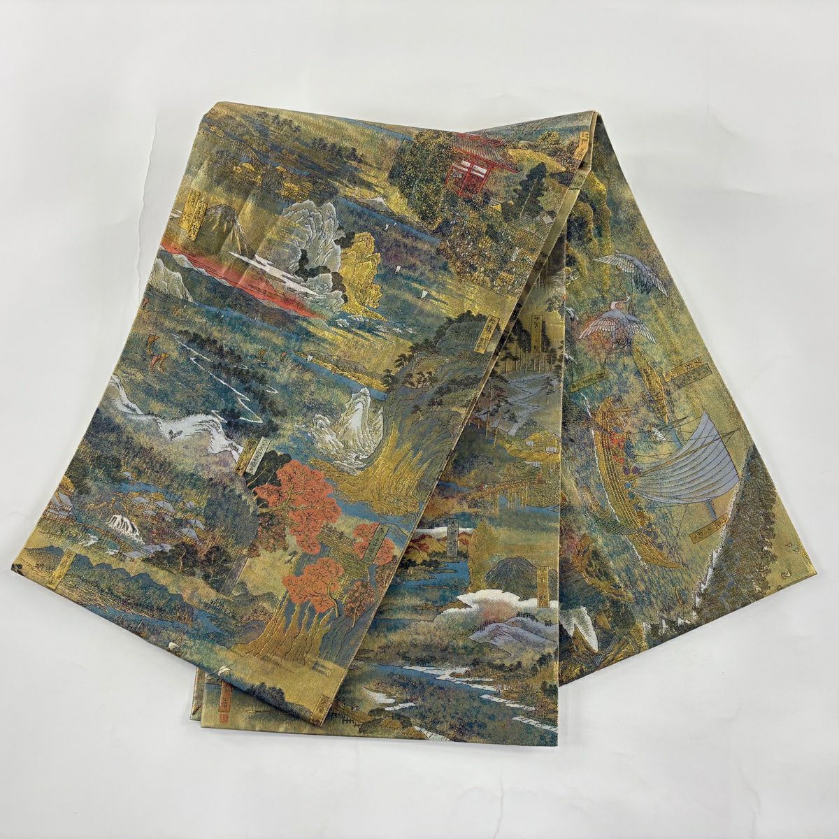 【美品】 袋帶 名品級 広重 六十餘州名勝全景圖 風景 24金白金雙層金金箔 灰綠 お太鼓圖案 純蠶絲