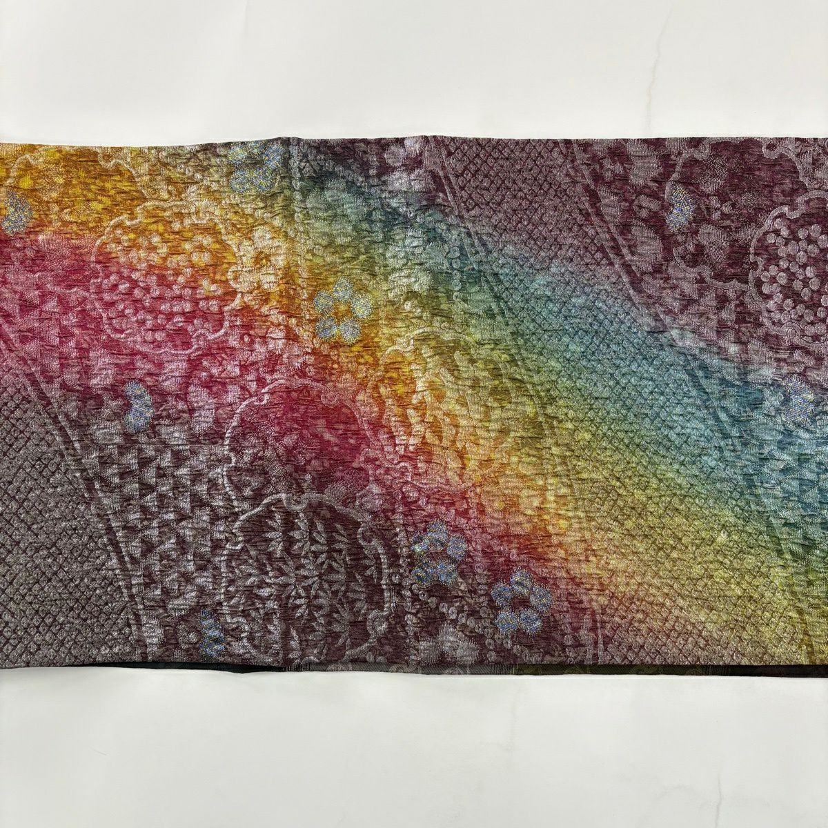 【美品】 袋帶 名品級 落款あり 野村一峰 手先二通 雪輪 松樹竹子梅花 金金箔 黃櫨染 紅紫 全通 純蠶絲