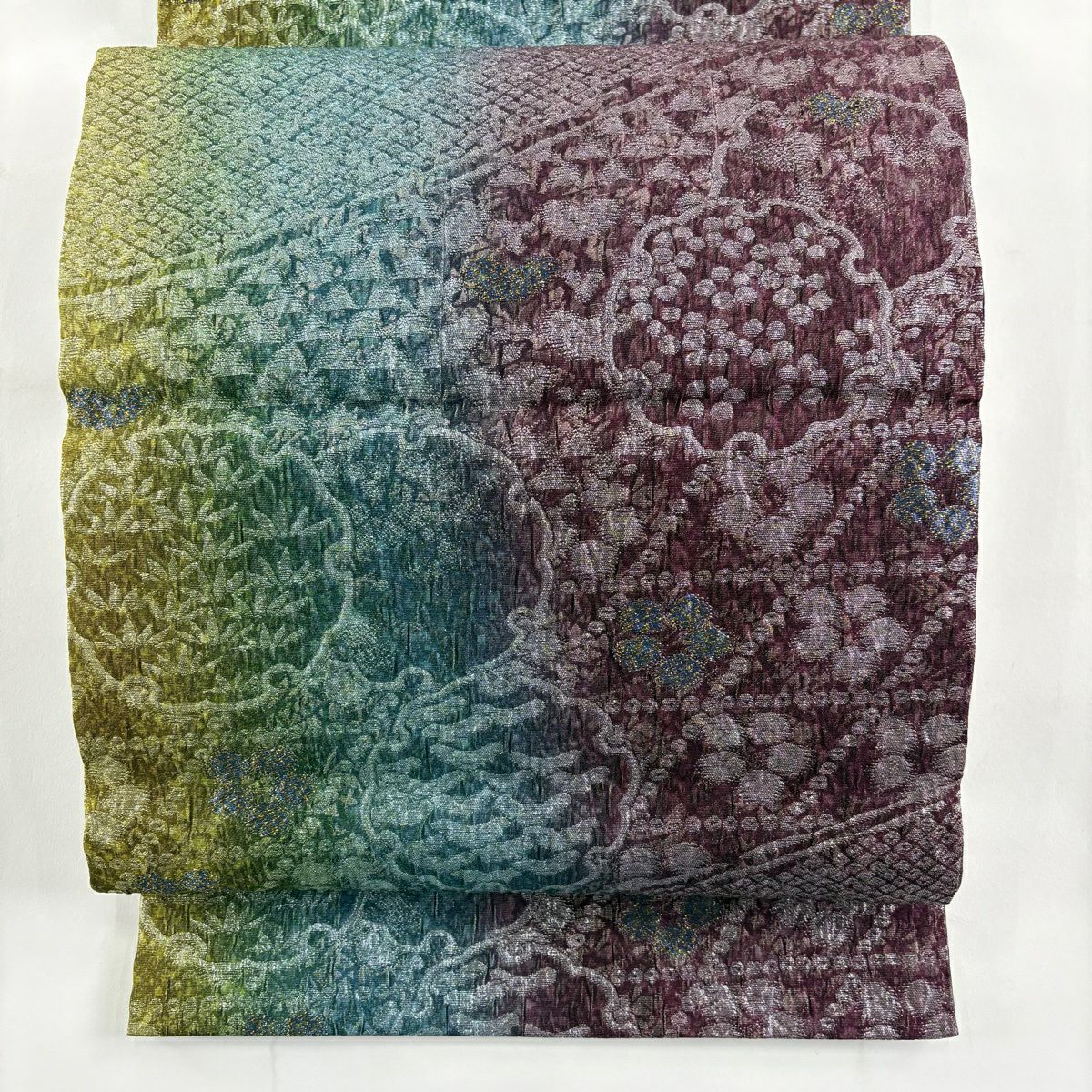 【美品】 袋帶 名品級 落款あり 野村一峰 手先二通 雪輪 松樹竹子梅花 金金箔 黃櫨染 紅紫 全通 純蠶絲