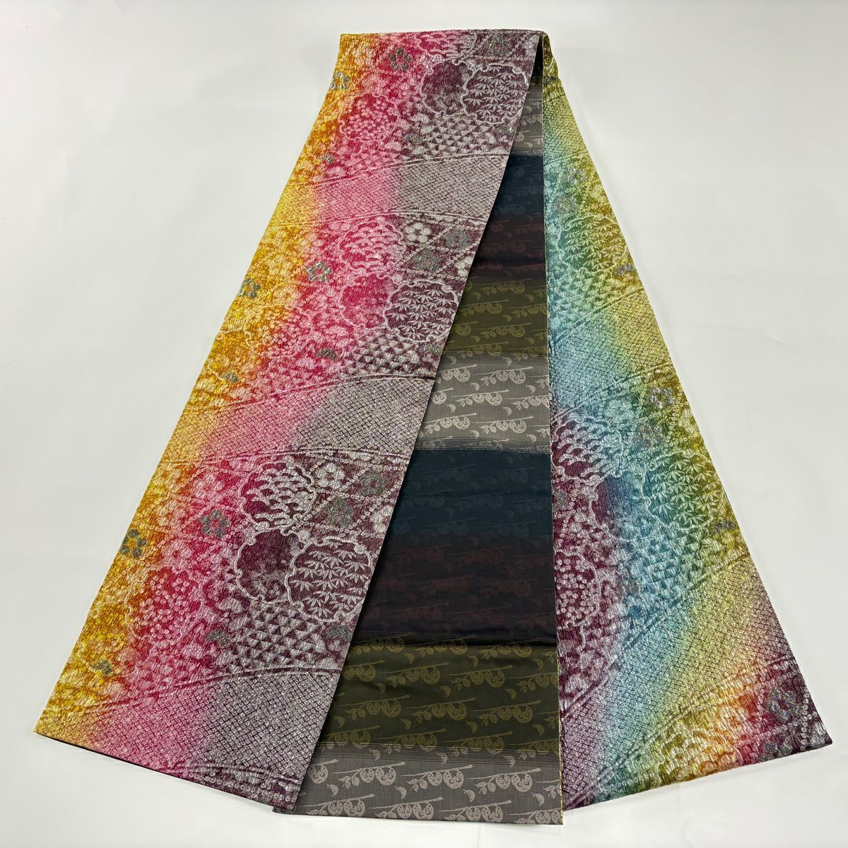 【美品】 袋帶 名品級 落款あり 野村一峰 手先二通 雪輪 松樹竹子梅花 金金箔 黃櫨染 紅紫 全通 純蠶絲