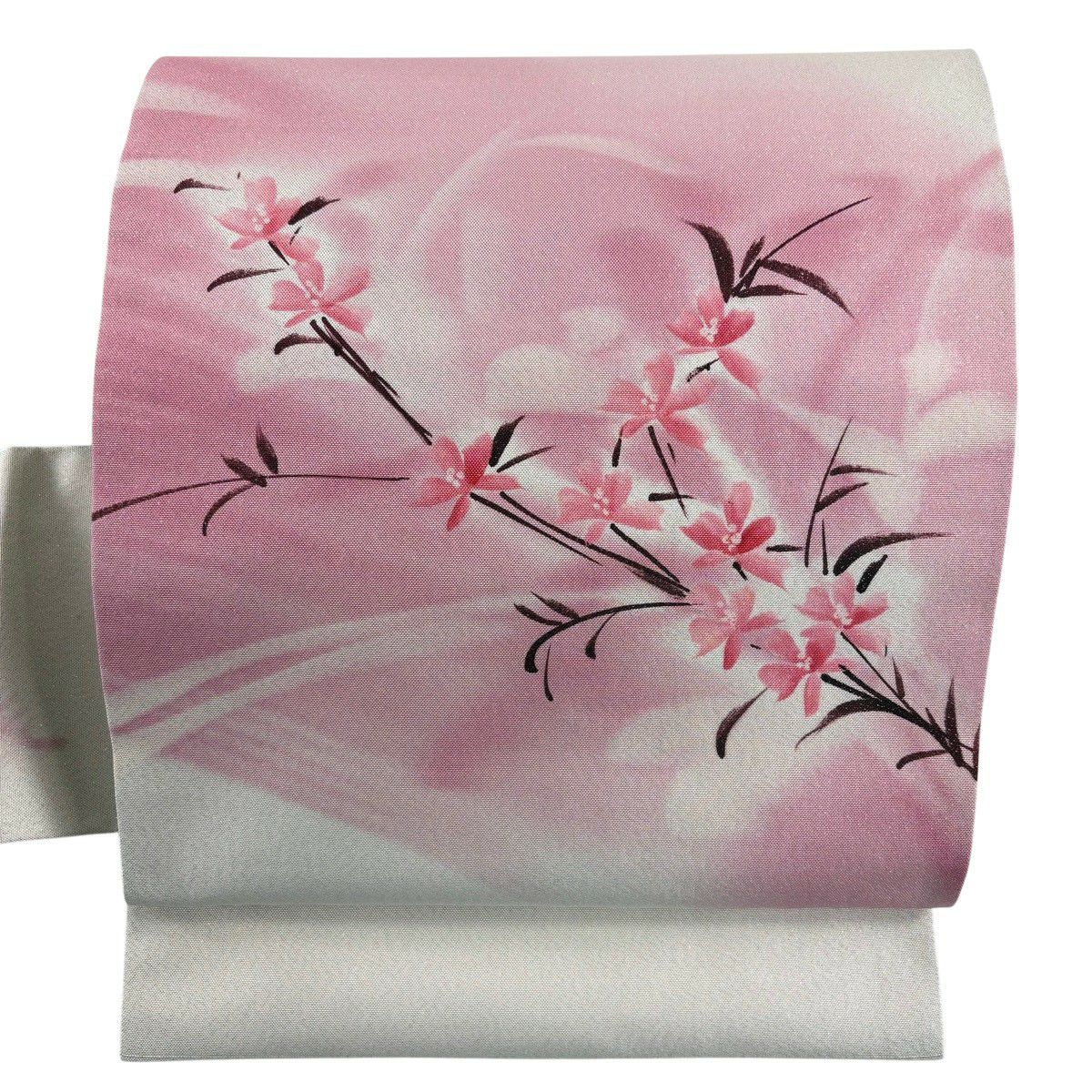 【美品】 名古屋帶 名品級 斉藤三才 落款 草花紋紋 漸層 奶油色 純蠶絲