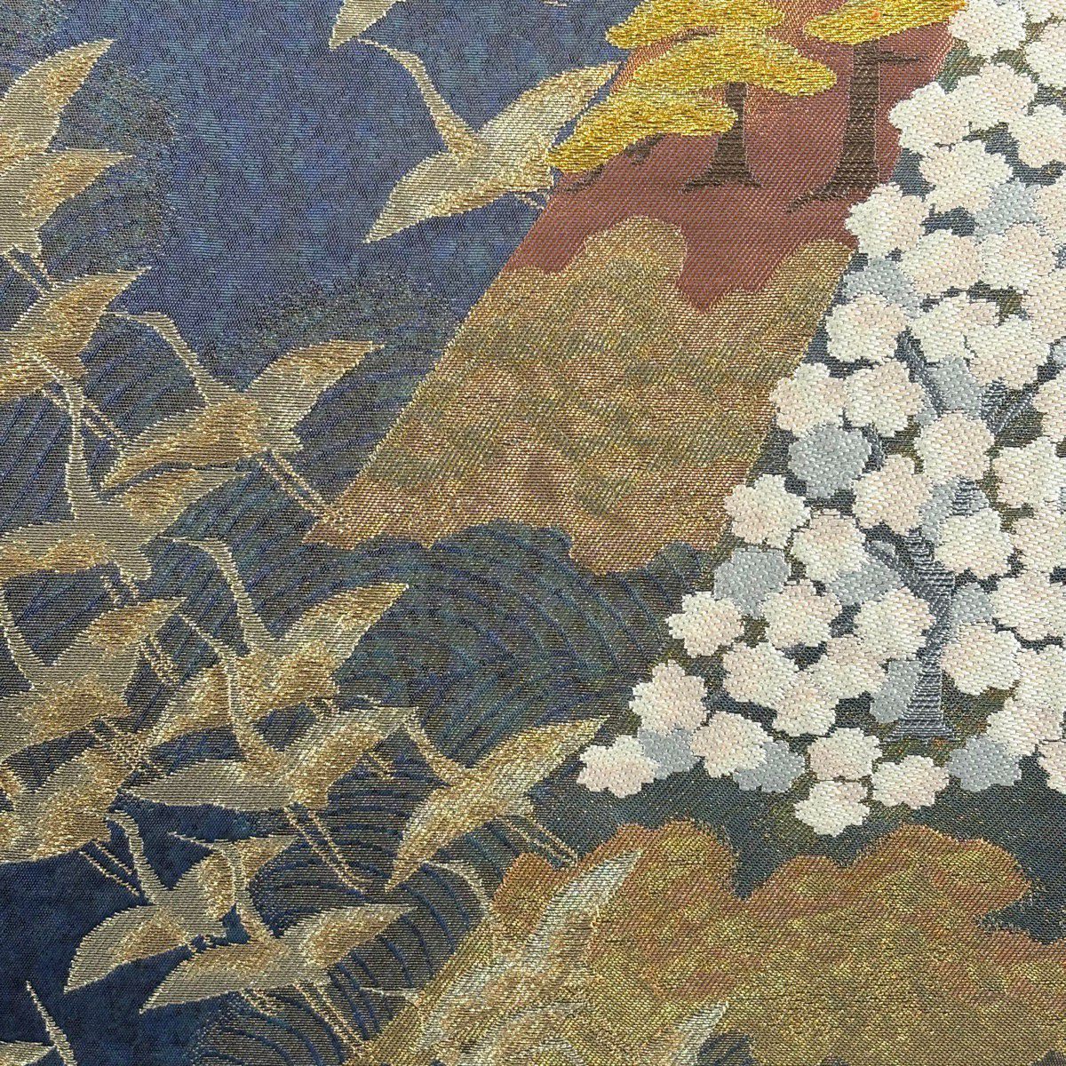 【美品】 袋帶 名品級 じゅらく 落款あり 仙鶴 櫻花 金糸 青紫 お太鼓柄 純蠶絲
