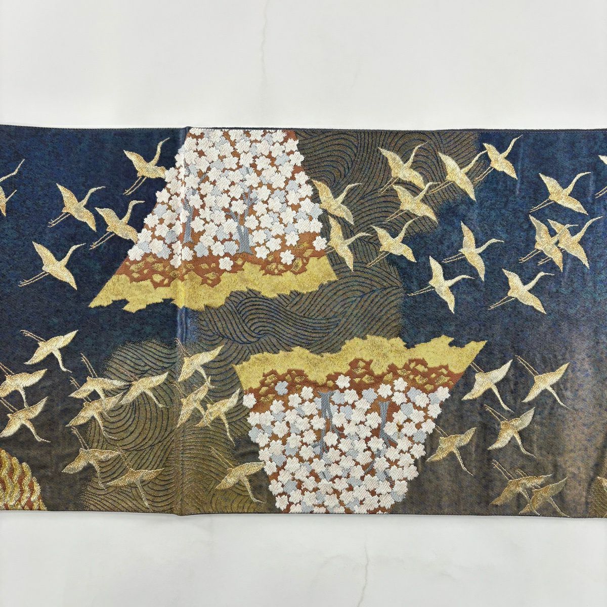 【美品】 袋帶 名品級 じゅらく 落款あり 仙鶴 櫻花 金糸 青紫 お太鼓柄 純蠶絲