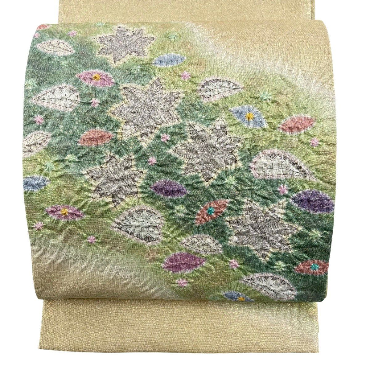 【美品】 袋帶 名品級 落款あり 好一彩 楓葉圖案 金金箔 淺綠色 大鼓圖案 純蠶絲