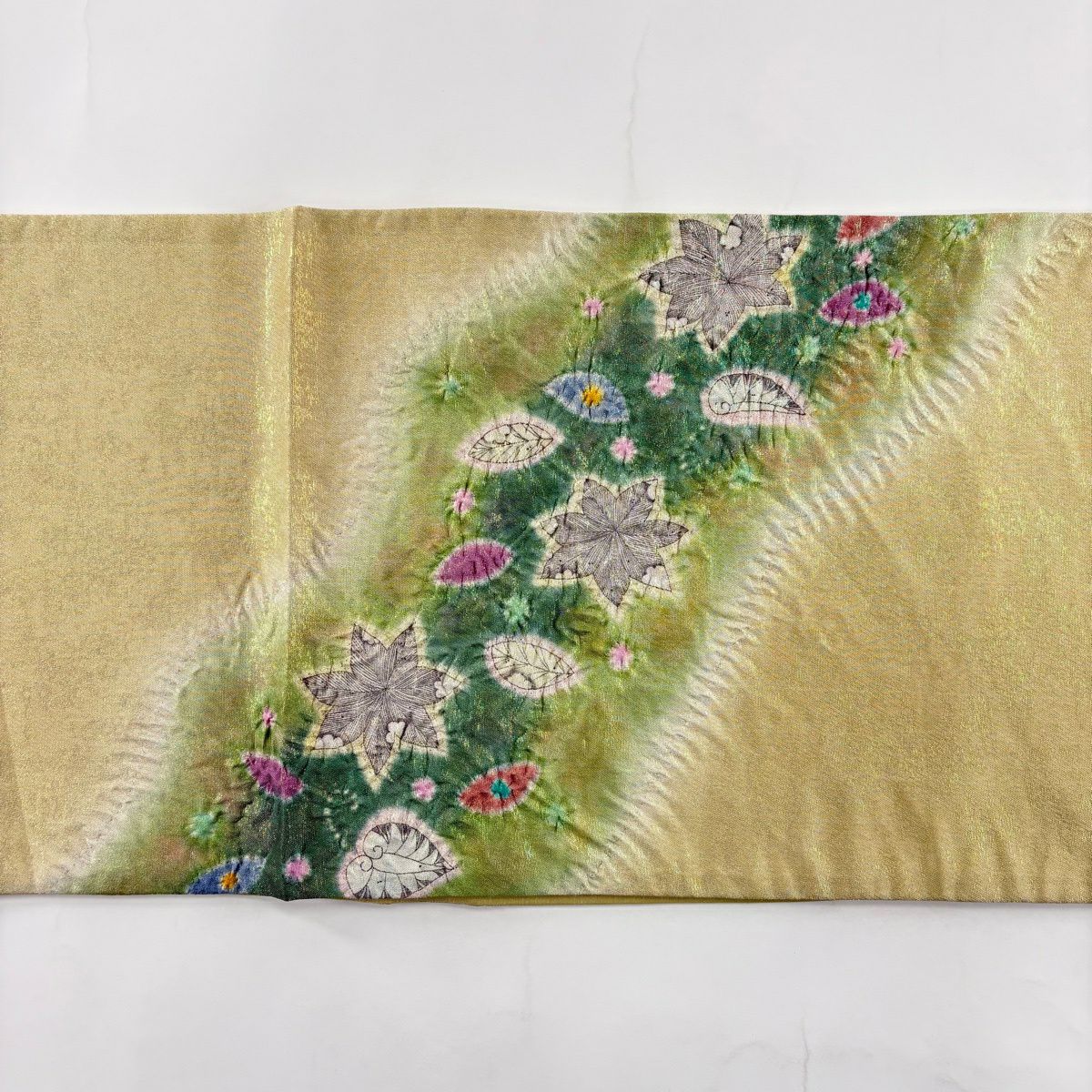 【美品】 袋帶 名品級 落款あり 好一彩 楓葉圖案 金金箔 淺綠色 大鼓圖案 純蠶絲