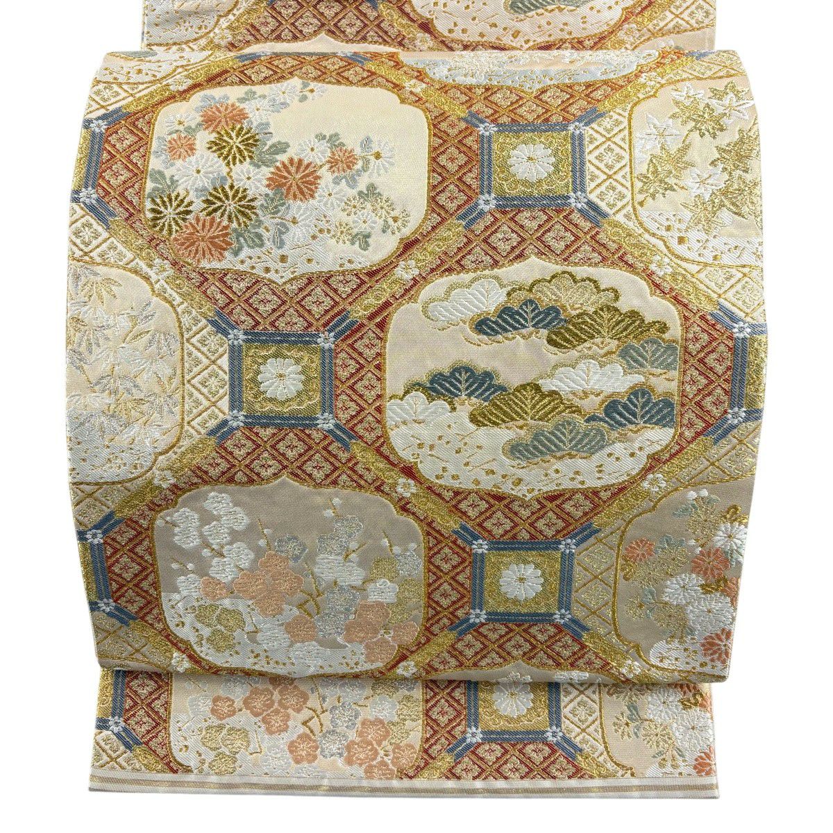 【美品】 袋帶 名品級 河村織物 落款あり 關西裁縫 格天井錦花紋 金銀彩 金金箔 金色 六通 純蠶絲