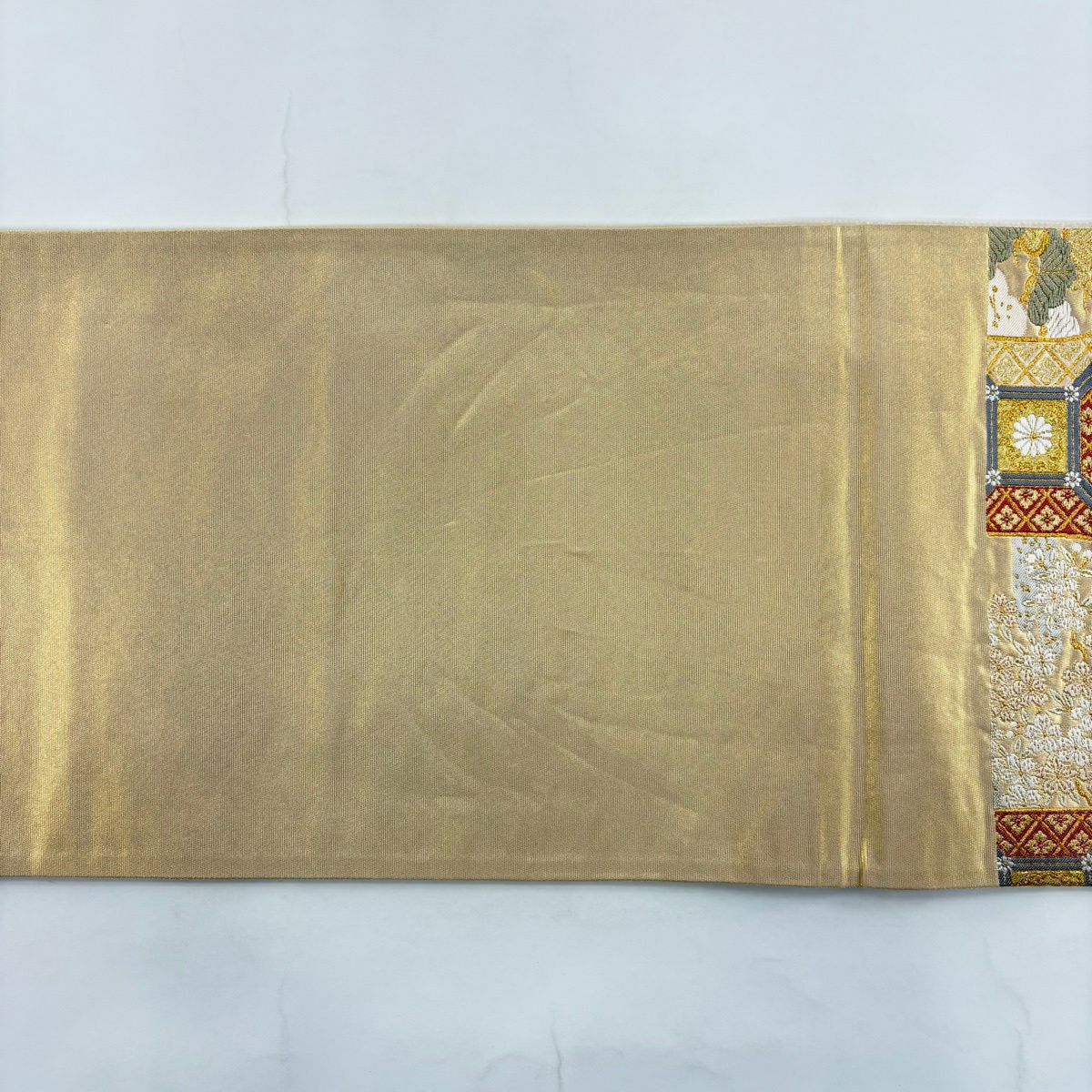 【美品】 袋帶 名品級 河村織物 落款あり 關西裁縫 格天井錦花紋 金銀彩 金金箔 金色 六通 純蠶絲