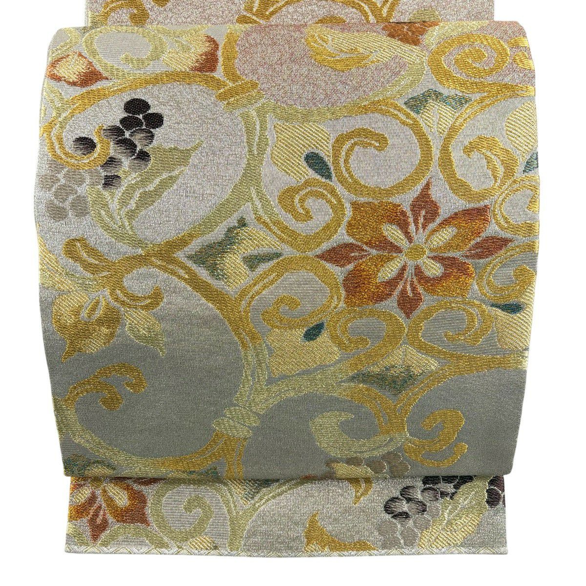 【美品】 袋帶 名品級 關西仕立 葡萄唐草紋 花 金絲 灰茶 六通 純蠶絲