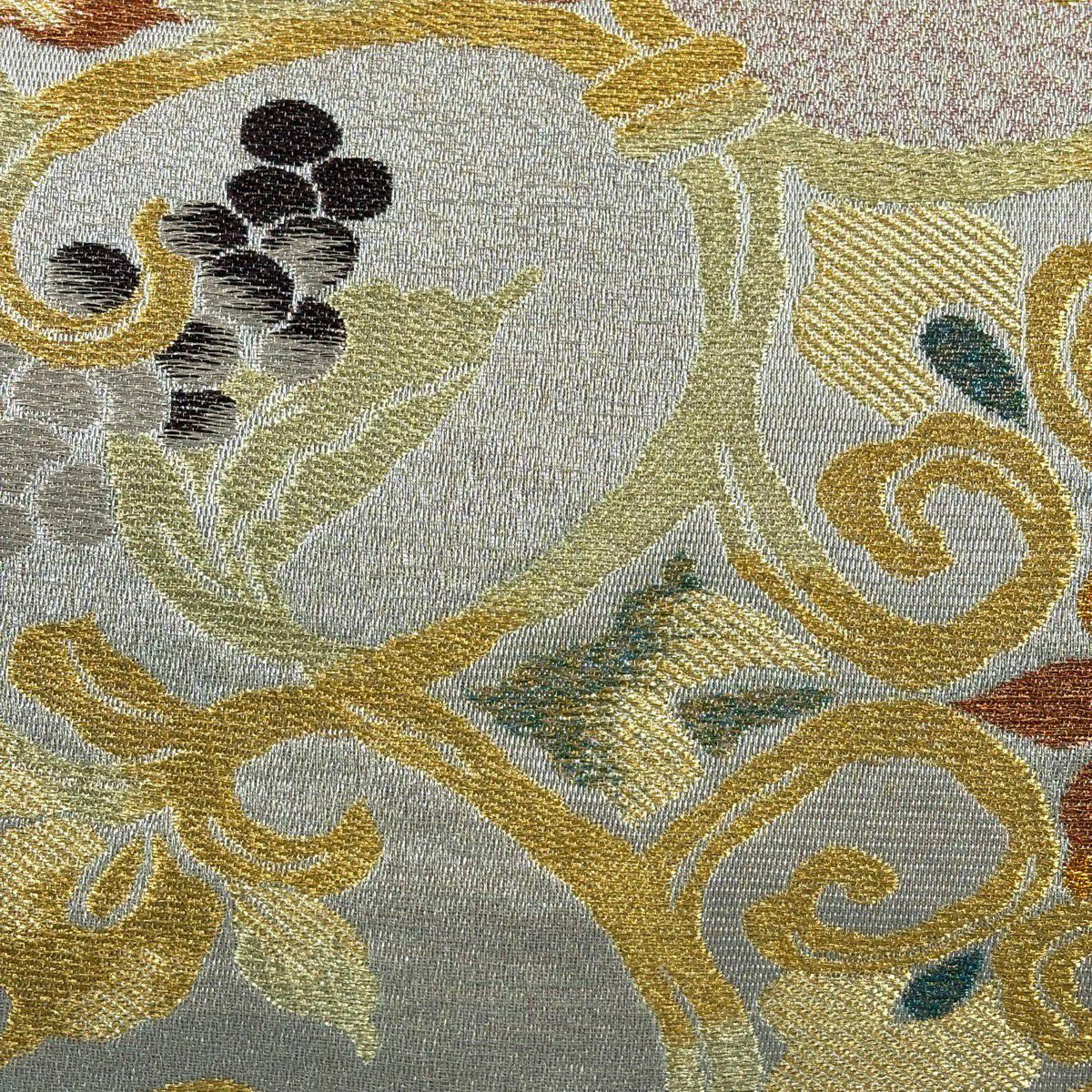 【美品】 袋帶 名品級 關西仕立 葡萄唐草紋 花 金絲 灰茶 六通 純蠶絲