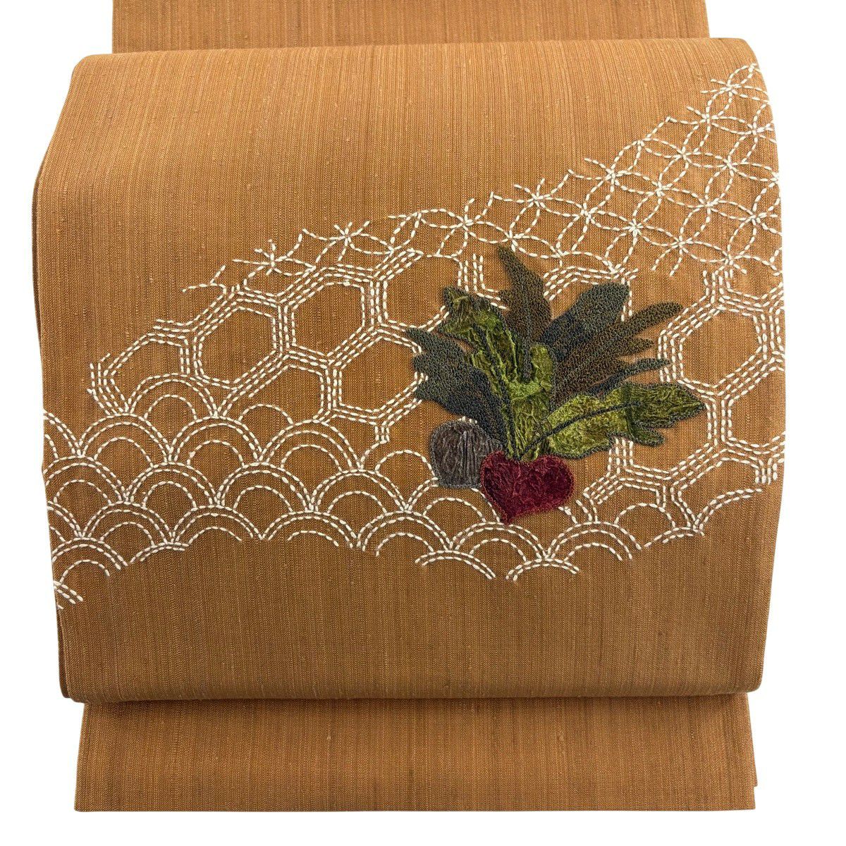 【美品】 袋帶 名品級 紬織織 紅蕪 有職紋樣 刺繡 刺子 山吹茶 純蠶絲