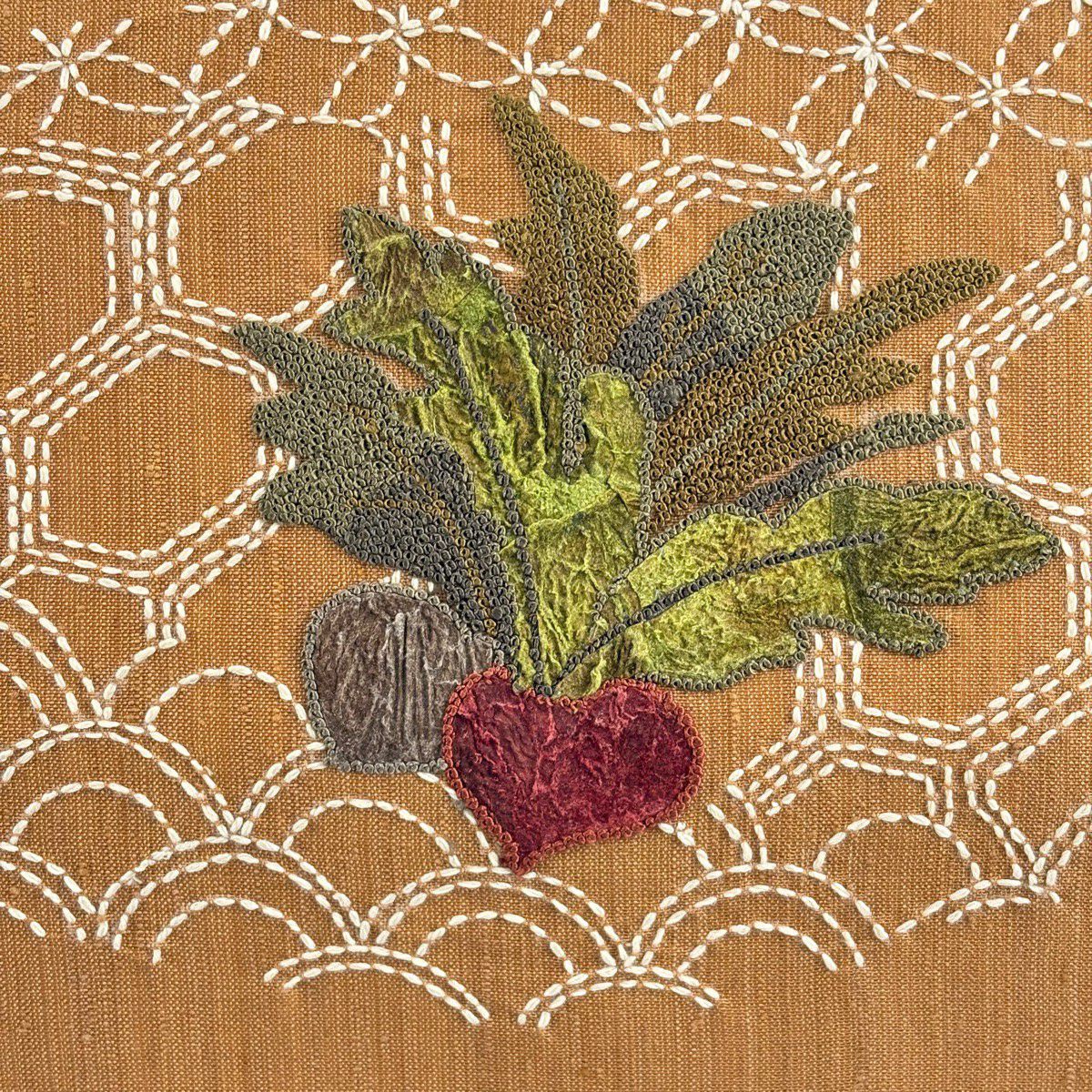 【美品】 袋帶 名品級 紬織織 紅蕪 有職紋樣 刺繡 刺子 山吹茶 純蠶絲