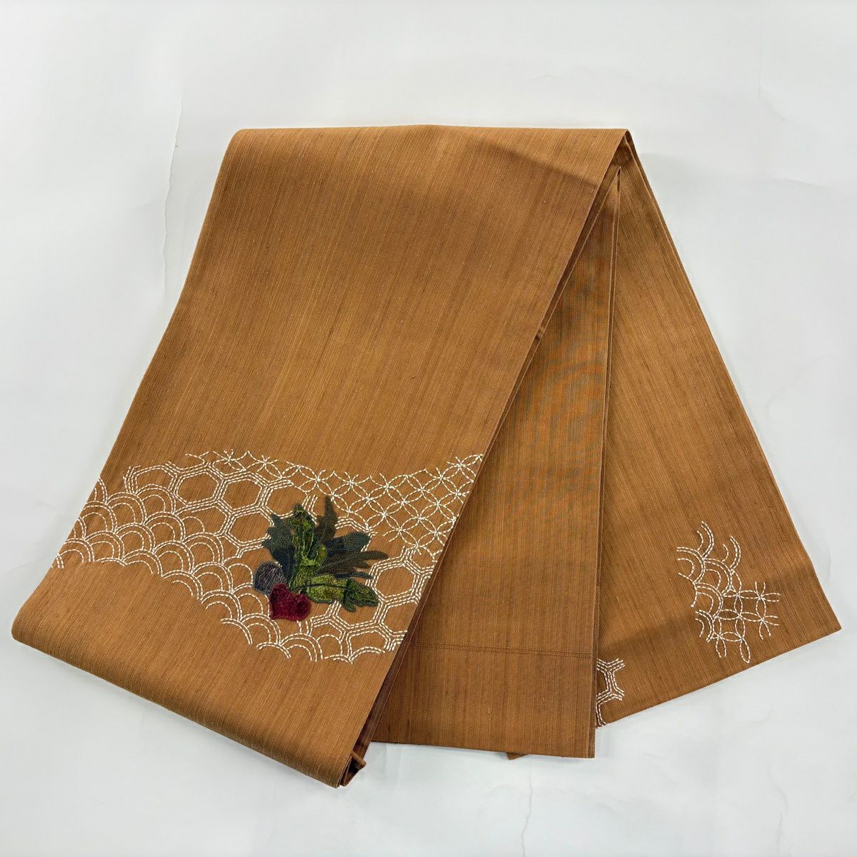 【美品】 袋帶 名品級 紬織織 紅蕪 有職紋樣 刺繡 刺子 山吹茶 純蠶絲