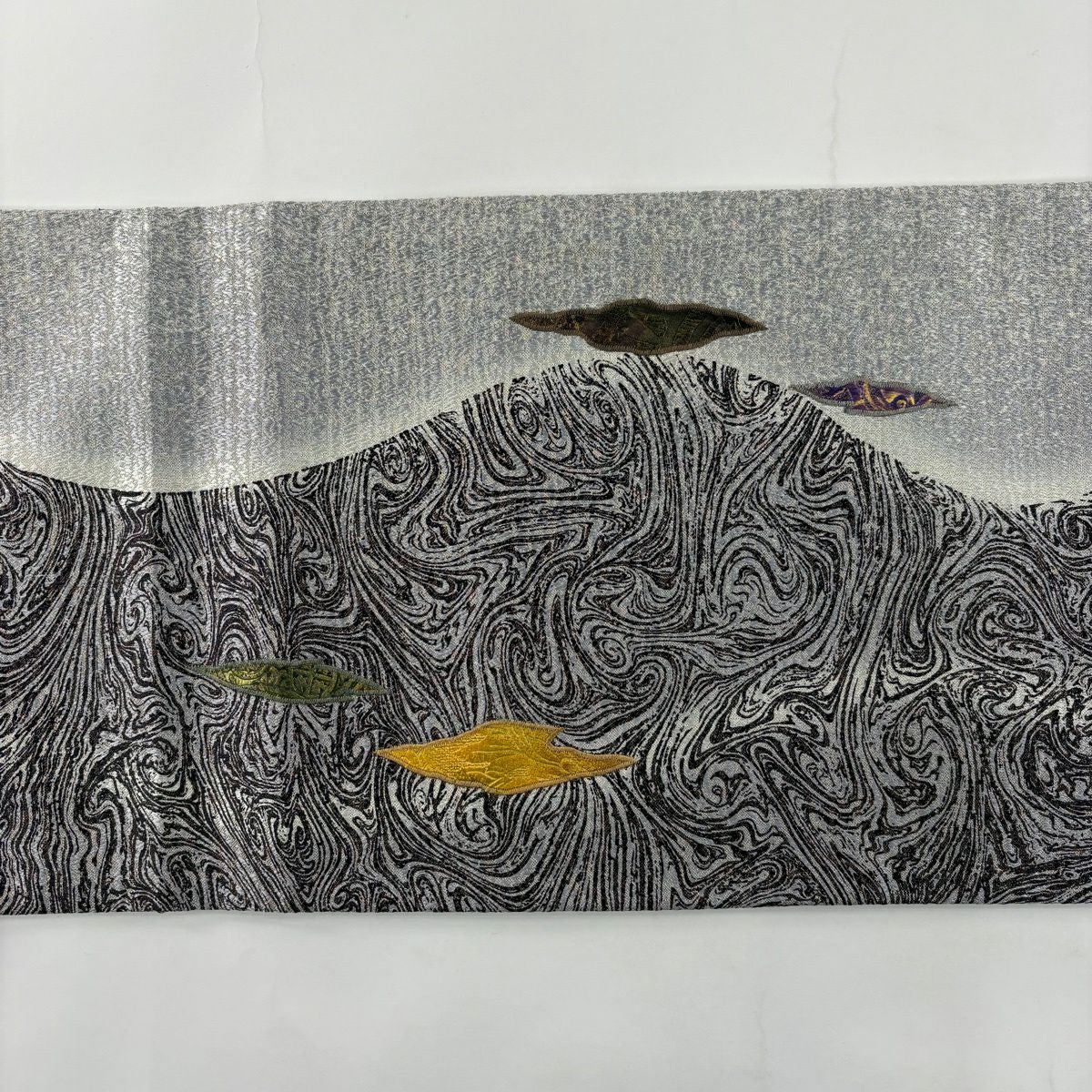 【美品】 袋帶 名品級 大理石圖案 霞 金銀彩 灰紫色 大鼓圖案 純蠶絲