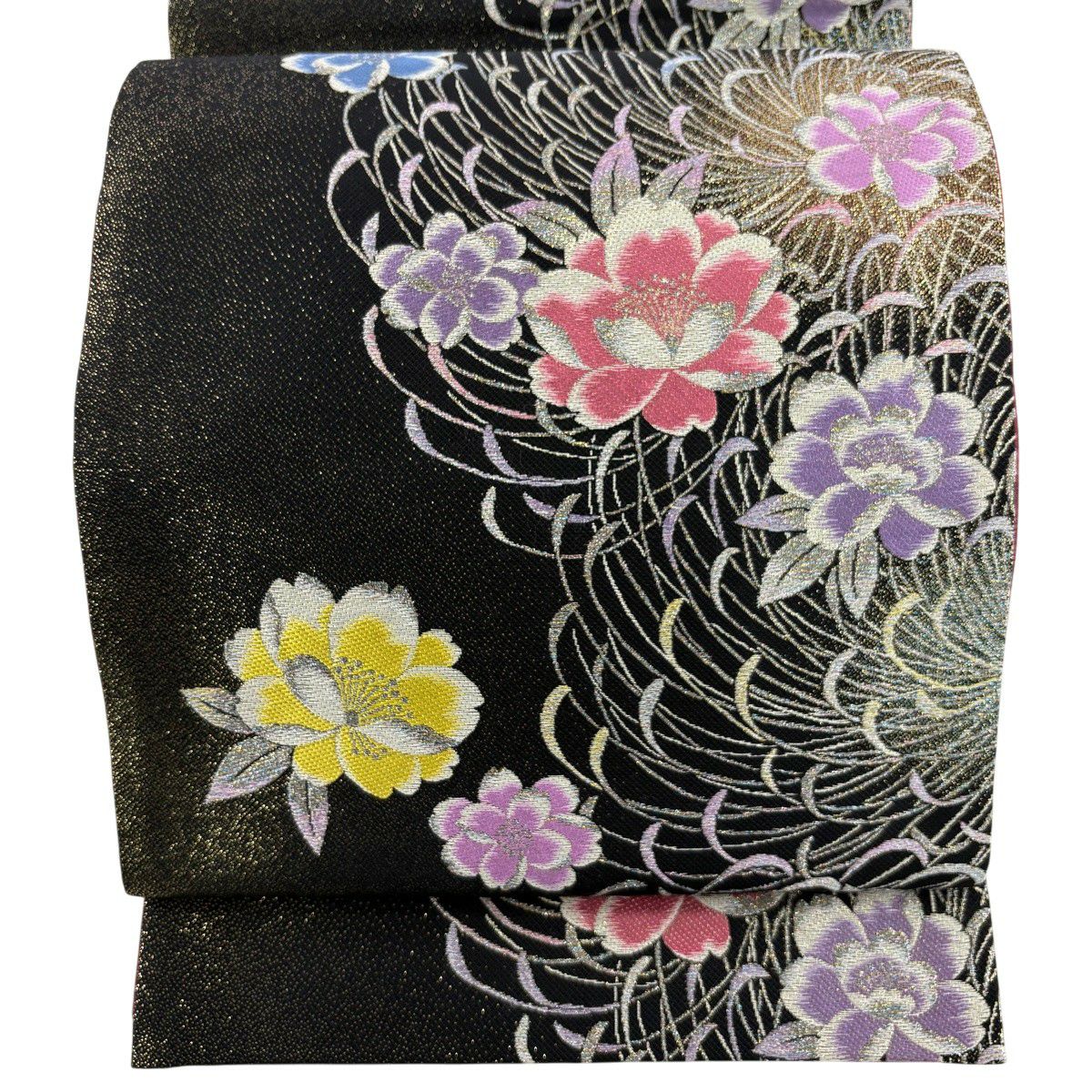 【美品】 袋帶 秀品級 夢幻 櫻花 亂菊花 金金箔 銀線 黑 六通 純蠶絲