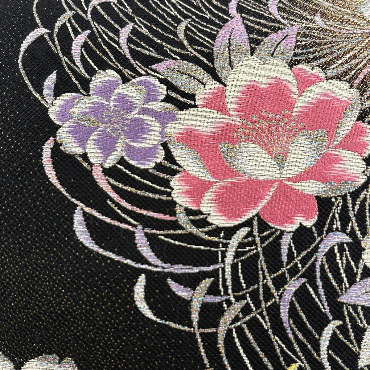 【美品】 袋帶 秀品級 夢幻 櫻花 亂菊花 金金箔 銀線 黑 六通 純蠶絲