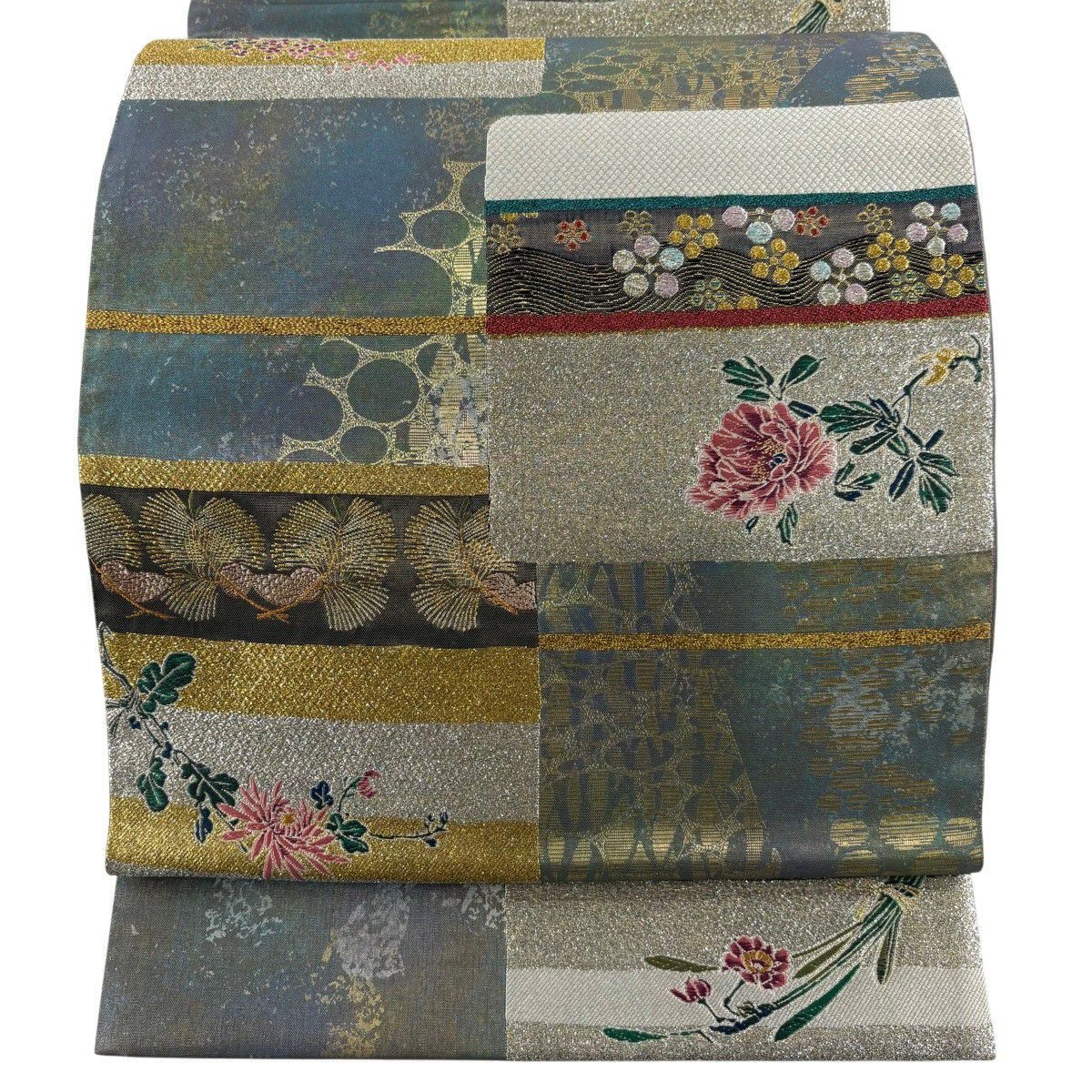 【美品】 袋帶 秀品級 花蒔雅風 松樹梅花 草花紋紋 唐織 金金箔 銀 六通 純蠶絲