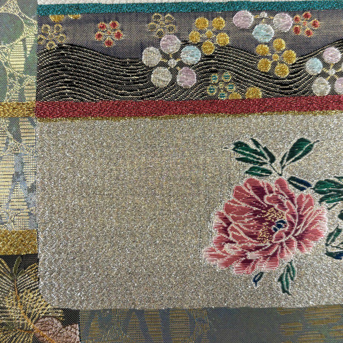 【美品】 袋帶 秀品級 花蒔雅風 松樹梅花 草花紋紋 唐織 金金箔 銀 六通 純蠶絲