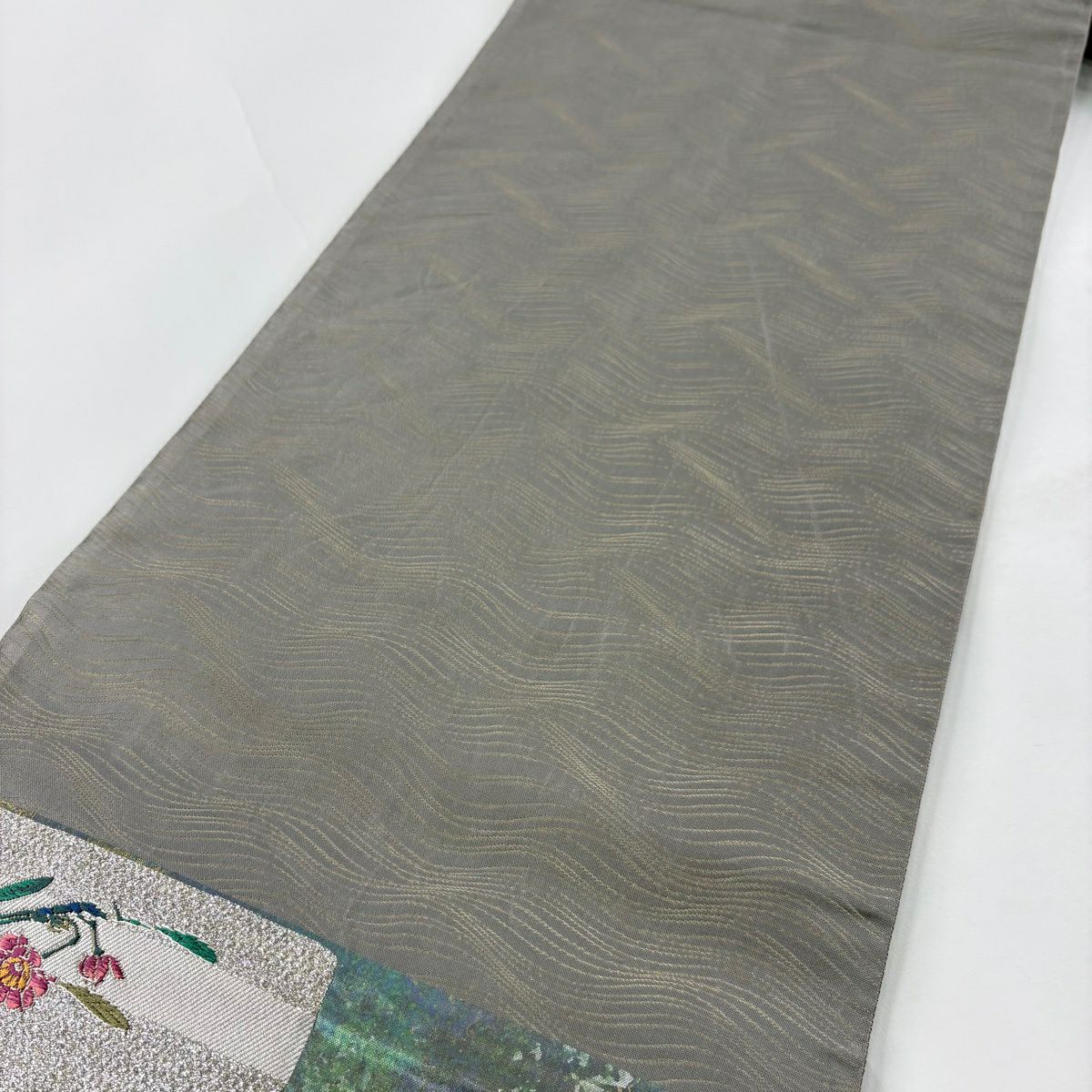 【美品】 袋帶 秀品級 花蒔雅風 松樹梅花 草花紋紋 唐織 金金箔 銀 六通 純蠶絲