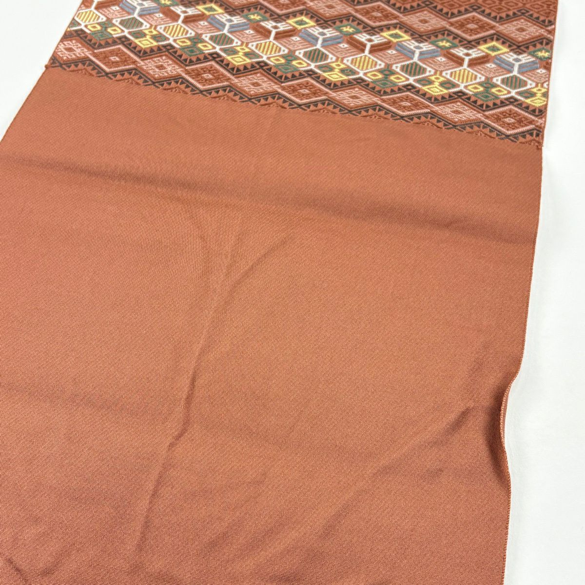 【美品】 名古屋帶 優品級 八寸名古屋帶 松樹葉仕立 雜色仕立 菱形 幾何學 粉紅 純蠶絲