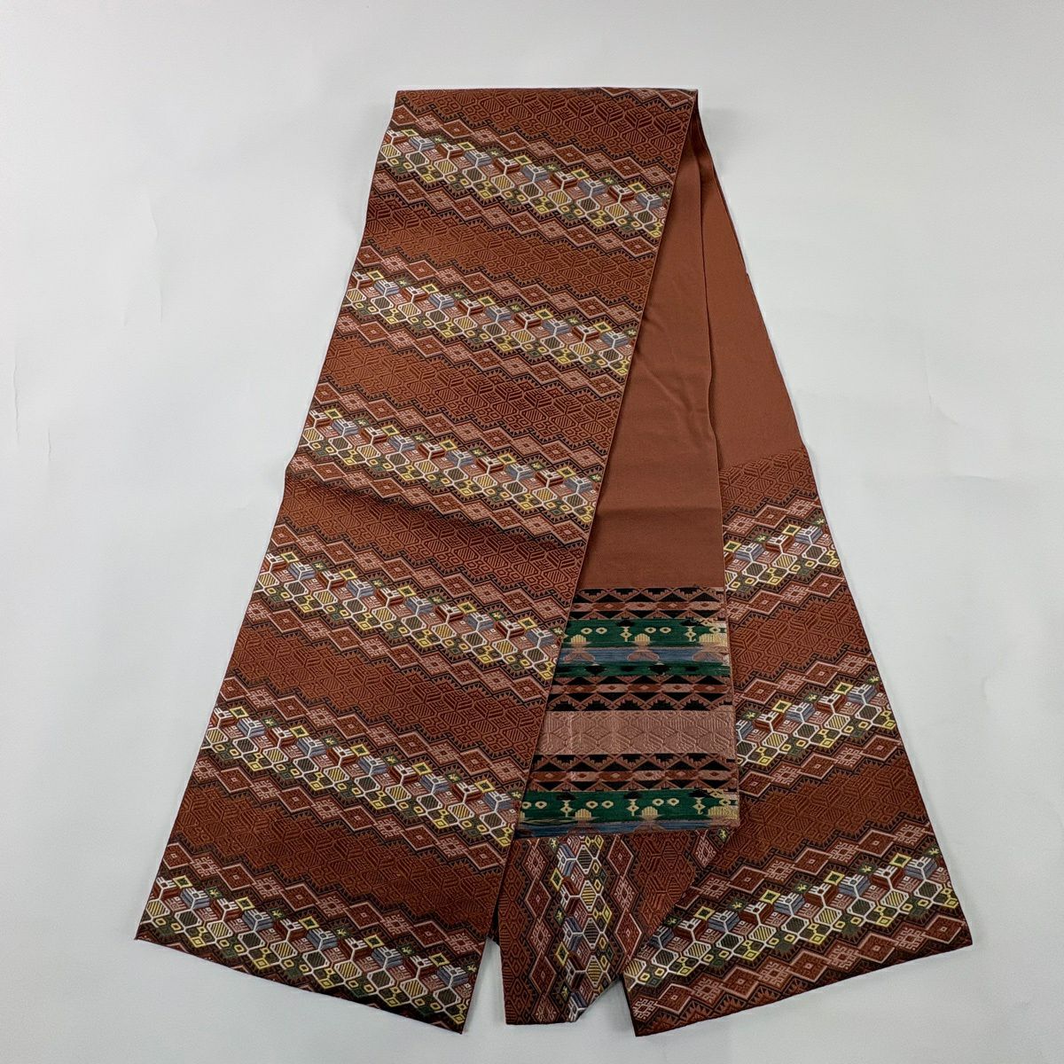 【美品】 名古屋帶 優品級 八寸名古屋帶 松樹葉仕立 雜色仕立 菱形 幾何學 粉紅 純蠶絲