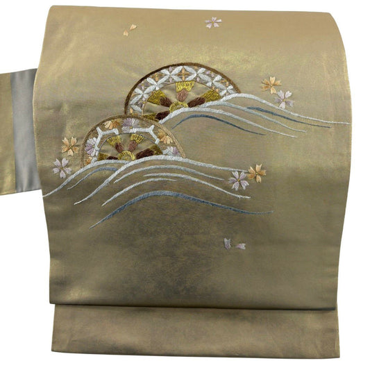 名古屋帶 秀品級 片輪車 櫻花 刺繡 金金箔 金純蠶絲