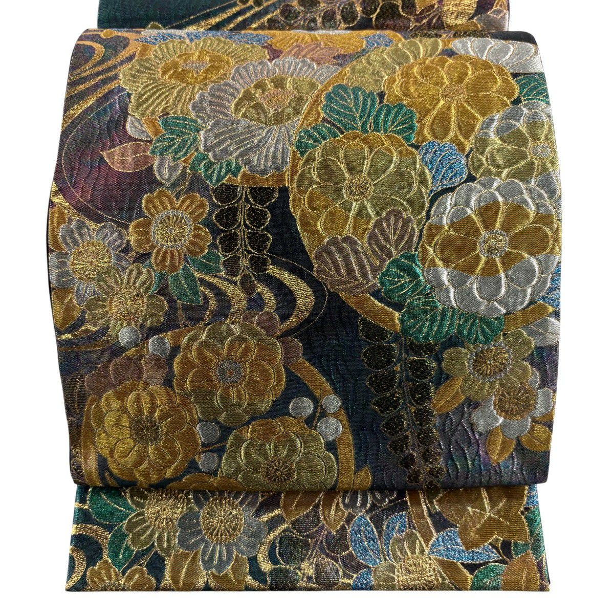 【美品】 袋帶 秀品級 花丸紋 流水 金金箔 青綠 六通 純蠶絲