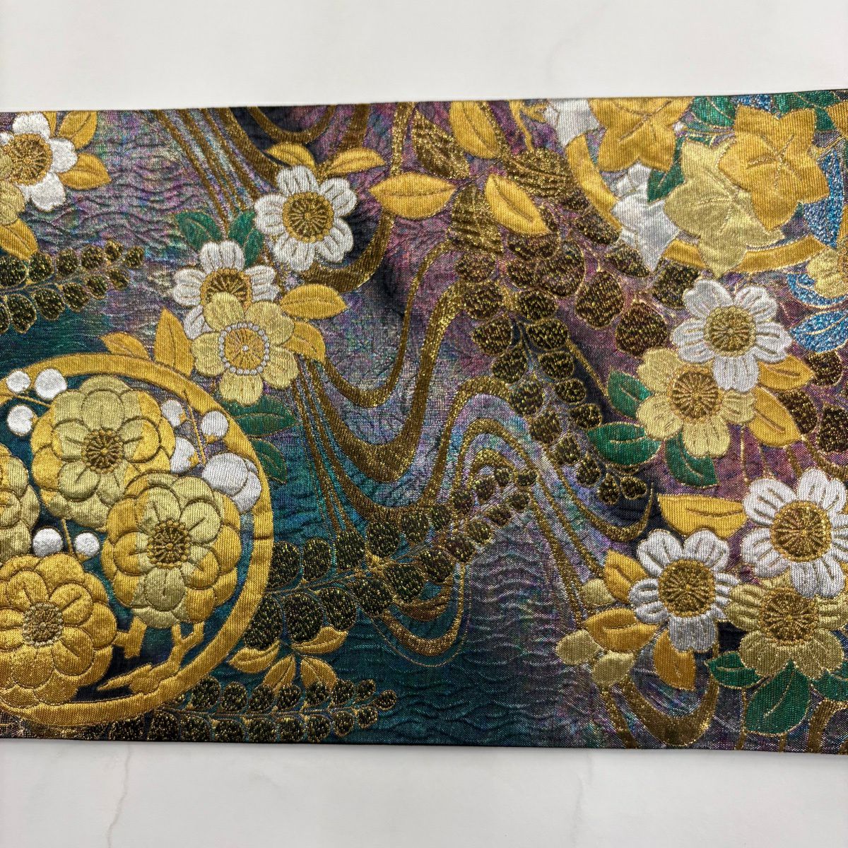 【美品】 袋帶 秀品級 花丸紋 流水 金金箔 青綠 六通 純蠶絲