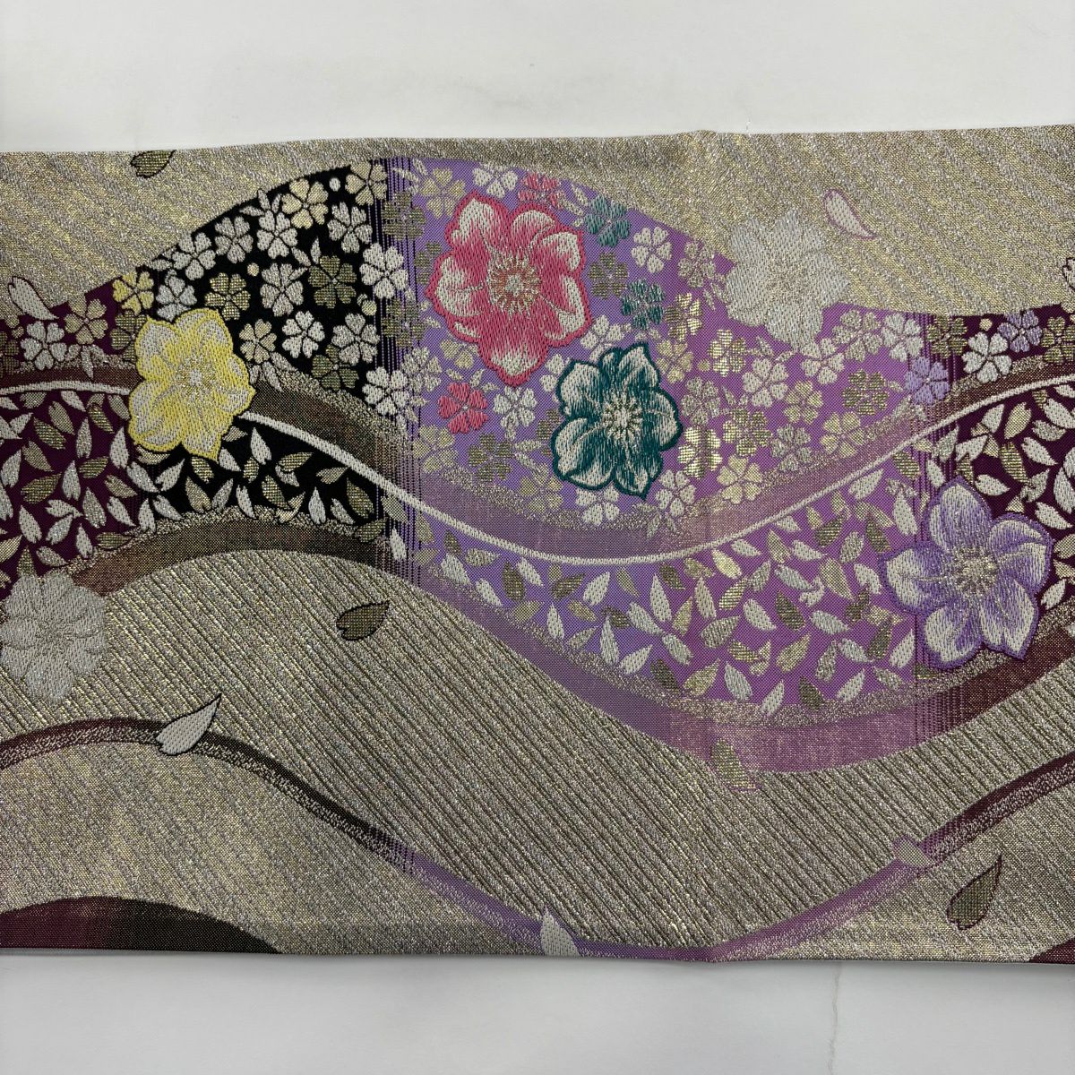 【美品】 袋帶 秀品級 櫻花 金金箔 金色 六通 純蠶絲