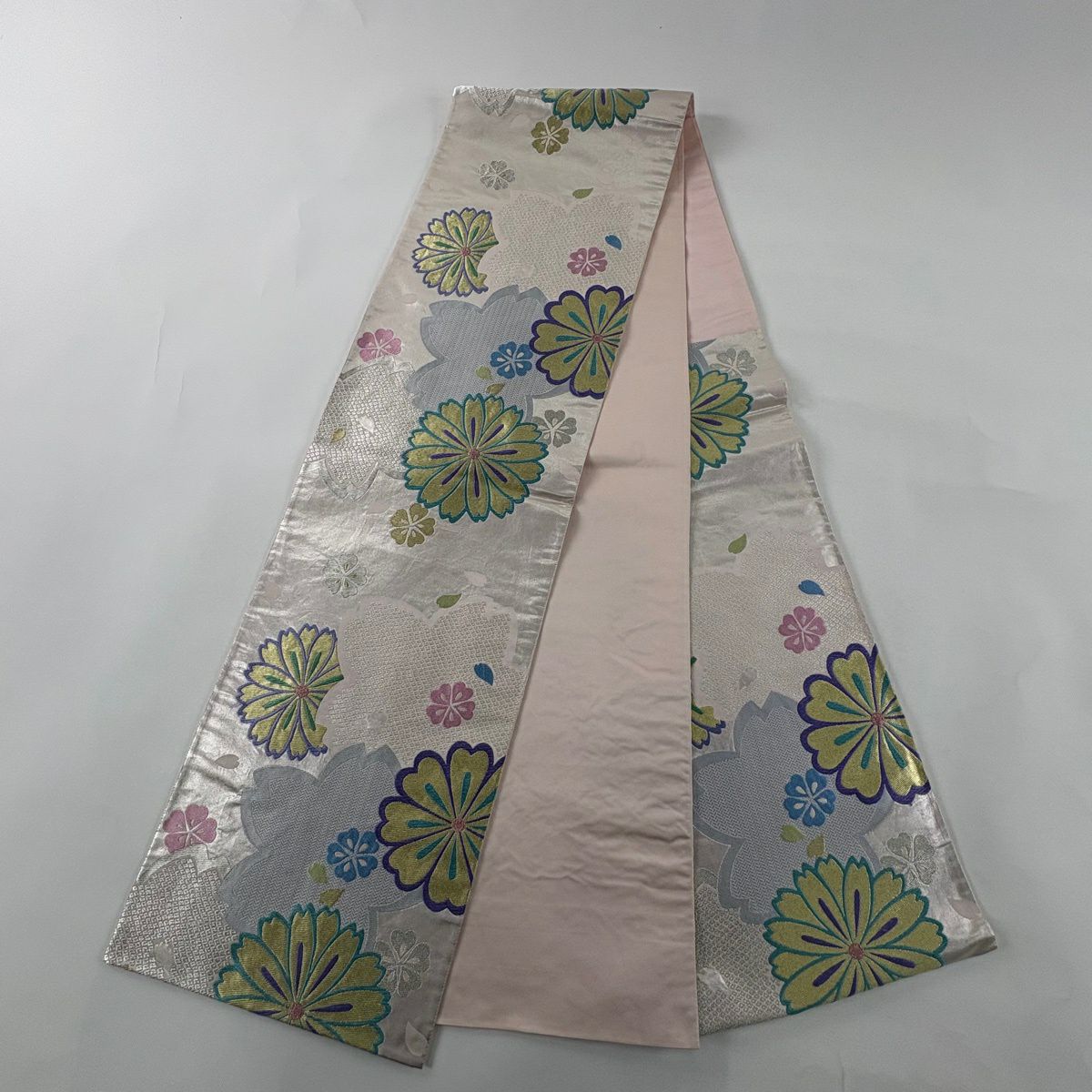 【美品】 袋帶 秀品級 櫻花花瓣 唐織 金金箔 淺粉色 六通 純蠶絲