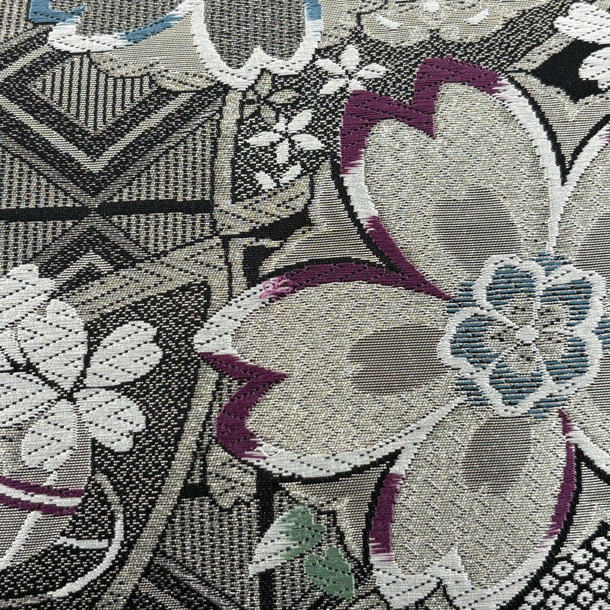 【美品】 袋帶 秀品級 櫻花 手毬 唐織 金金箔 黑 六通 純蠶絲