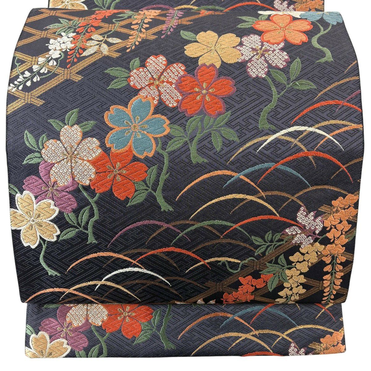 【美品】 袋帶 秀品級 櫻花 藤花 唐織 金金箔 深紫 六通 純蠶絲
