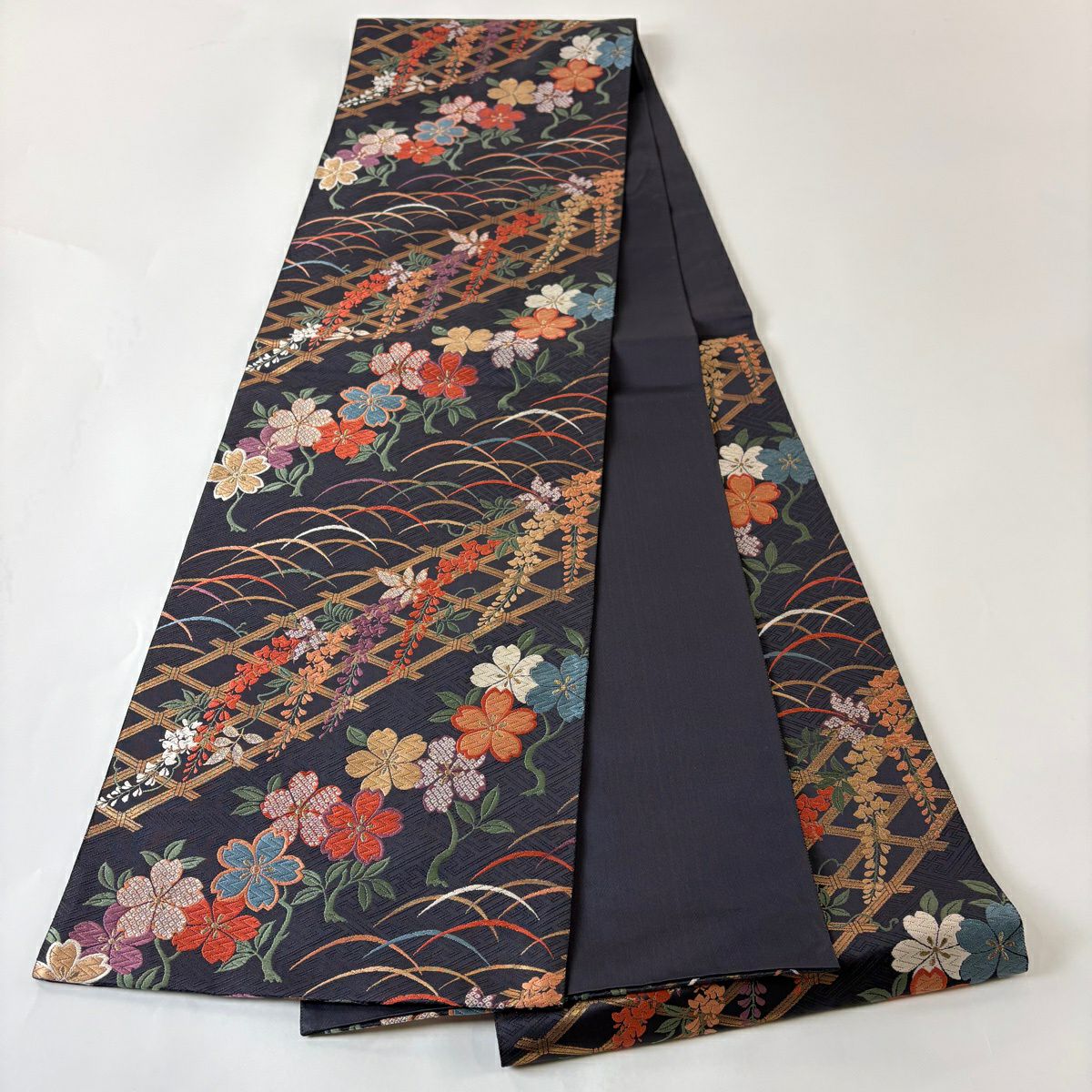 【美品】 袋帶 秀品級 櫻花 藤花 唐織 金金箔 深紫 六通 純蠶絲