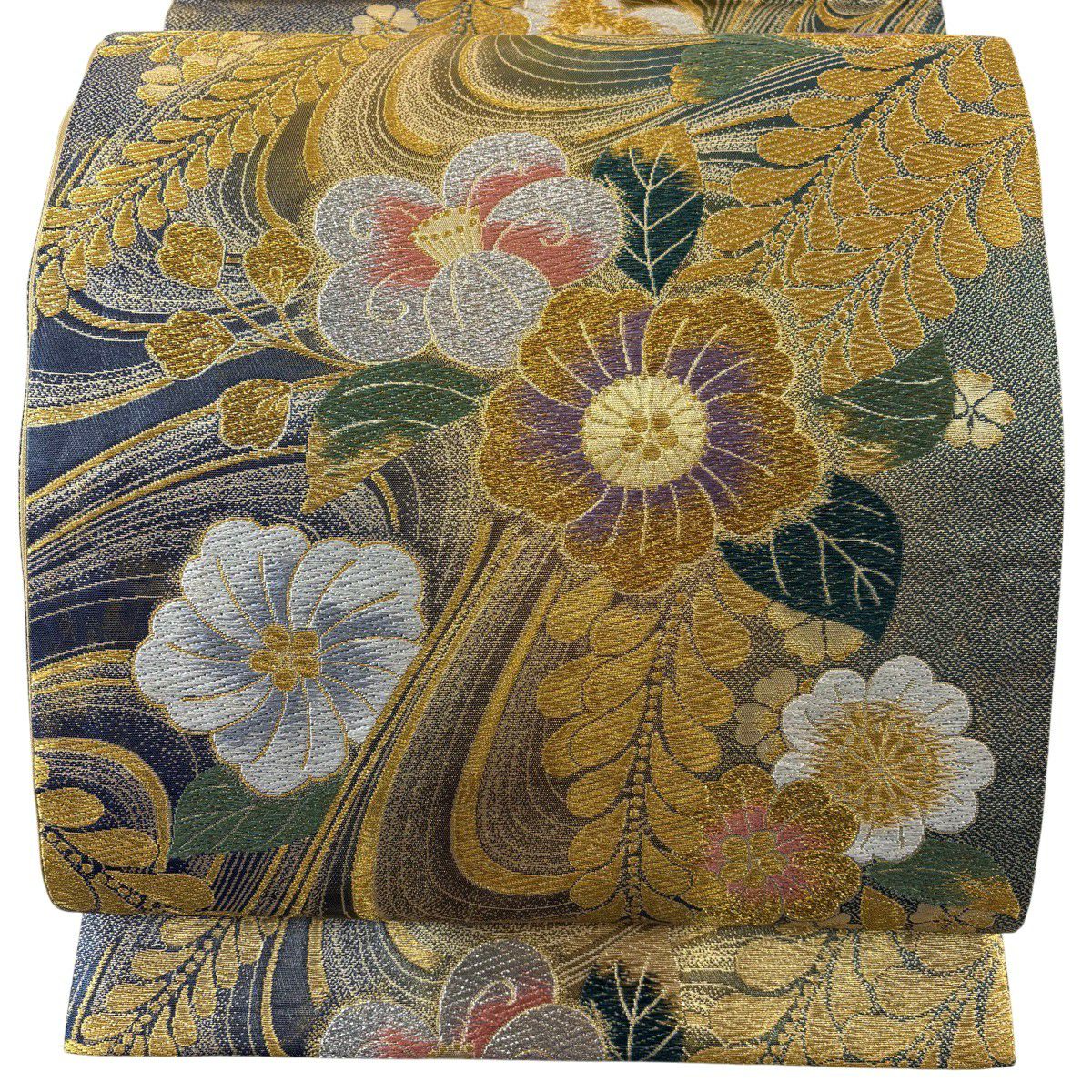 【美品】 袋帶 秀品級 振袖禮服禮服用 草花紋 金銀彩 金金箔 綠 六通 純蠶絲