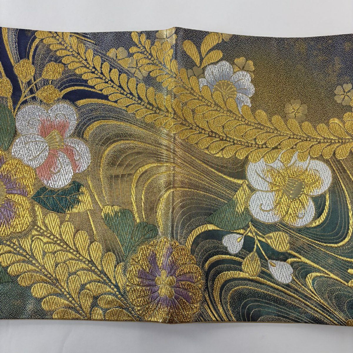 【美品】 袋帶 秀品級 振袖禮服禮服用 草花紋 金銀彩 金金箔 綠 六通 純蠶絲