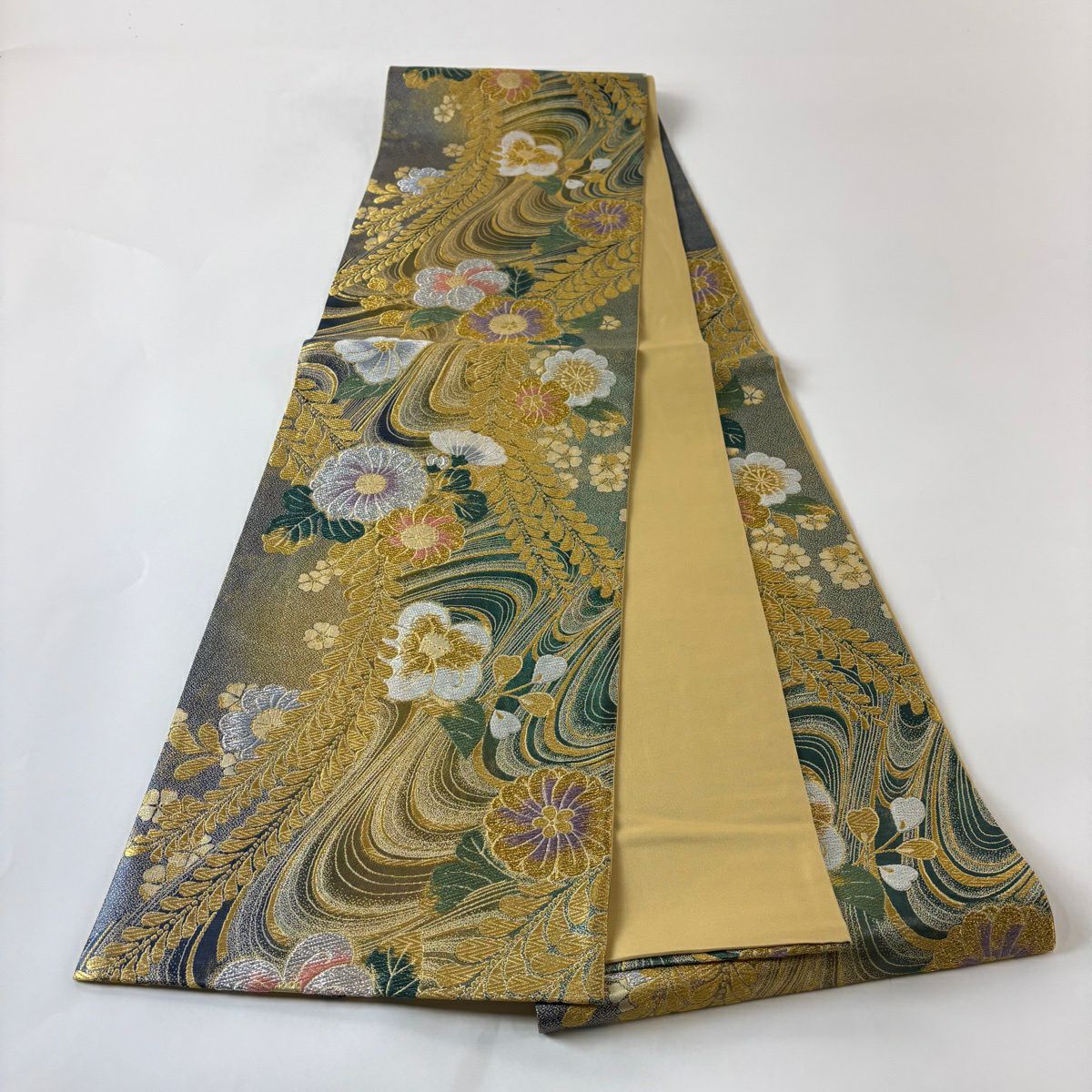 【美品】 袋帶 秀品級 振袖禮服禮服用 草花紋 金銀彩 金金箔 綠 六通 純蠶絲