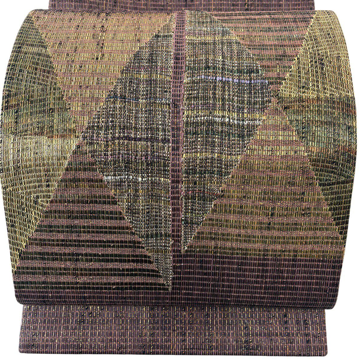 【美品】 袋帶 秀品級 幾何學 金絲 金金箔 茶紫 大鼓圖案 純蠶絲
