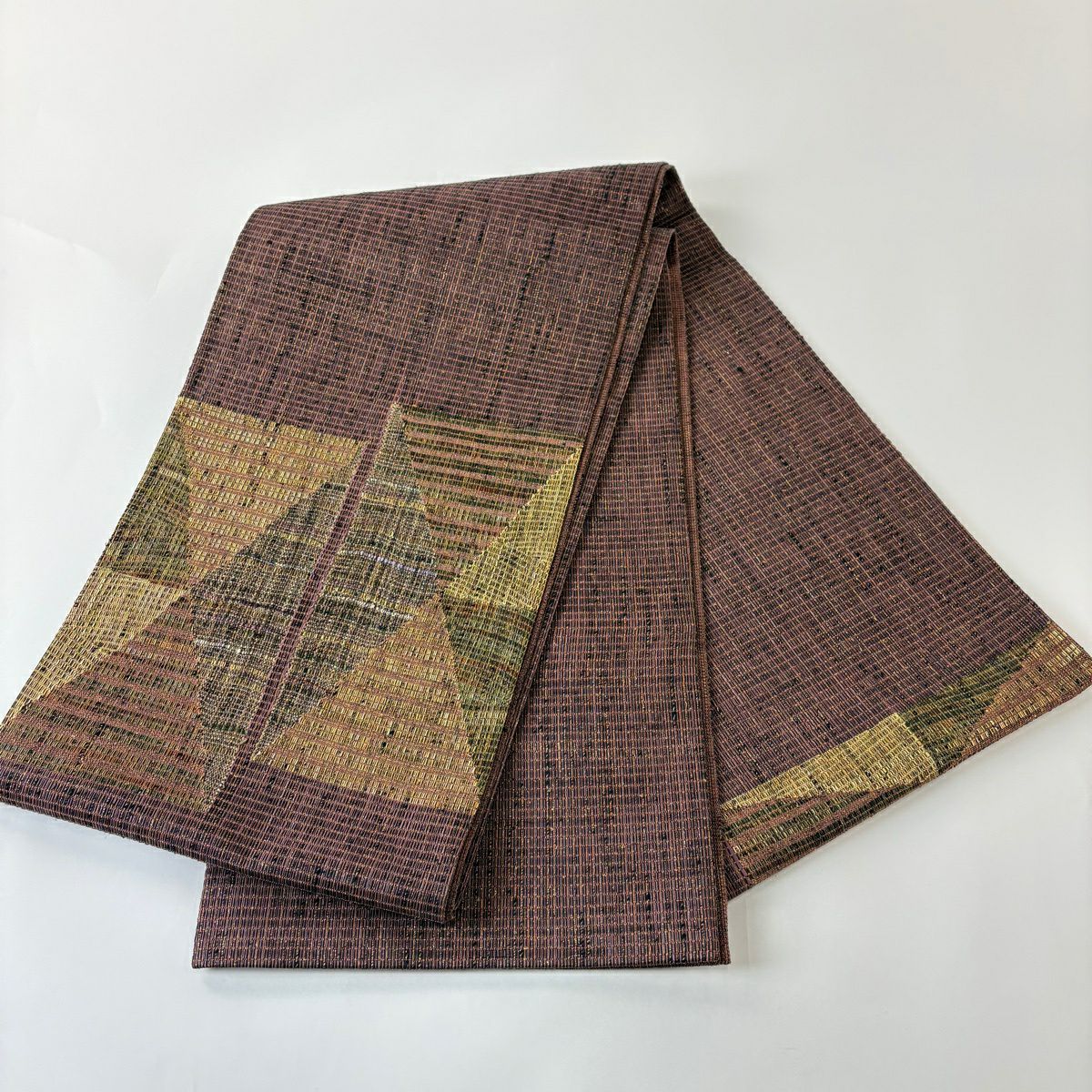 【美品】 袋帶 秀品級 幾何學 金絲 金金箔 茶紫 大鼓圖案 純蠶絲