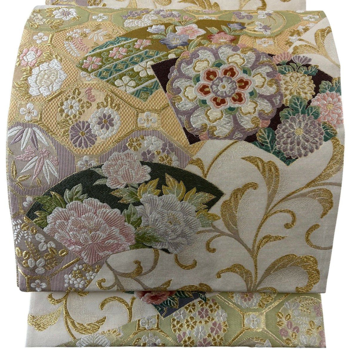 袋帶 秀品級 華紋 扇子面 金銀絲 唐織 米色 六通 純蠶絲