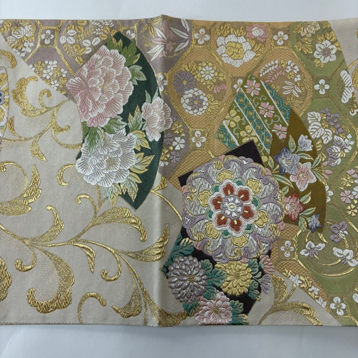 袋帶 秀品級 華紋 扇子面 金銀絲 唐織 米色 六通 純蠶絲
