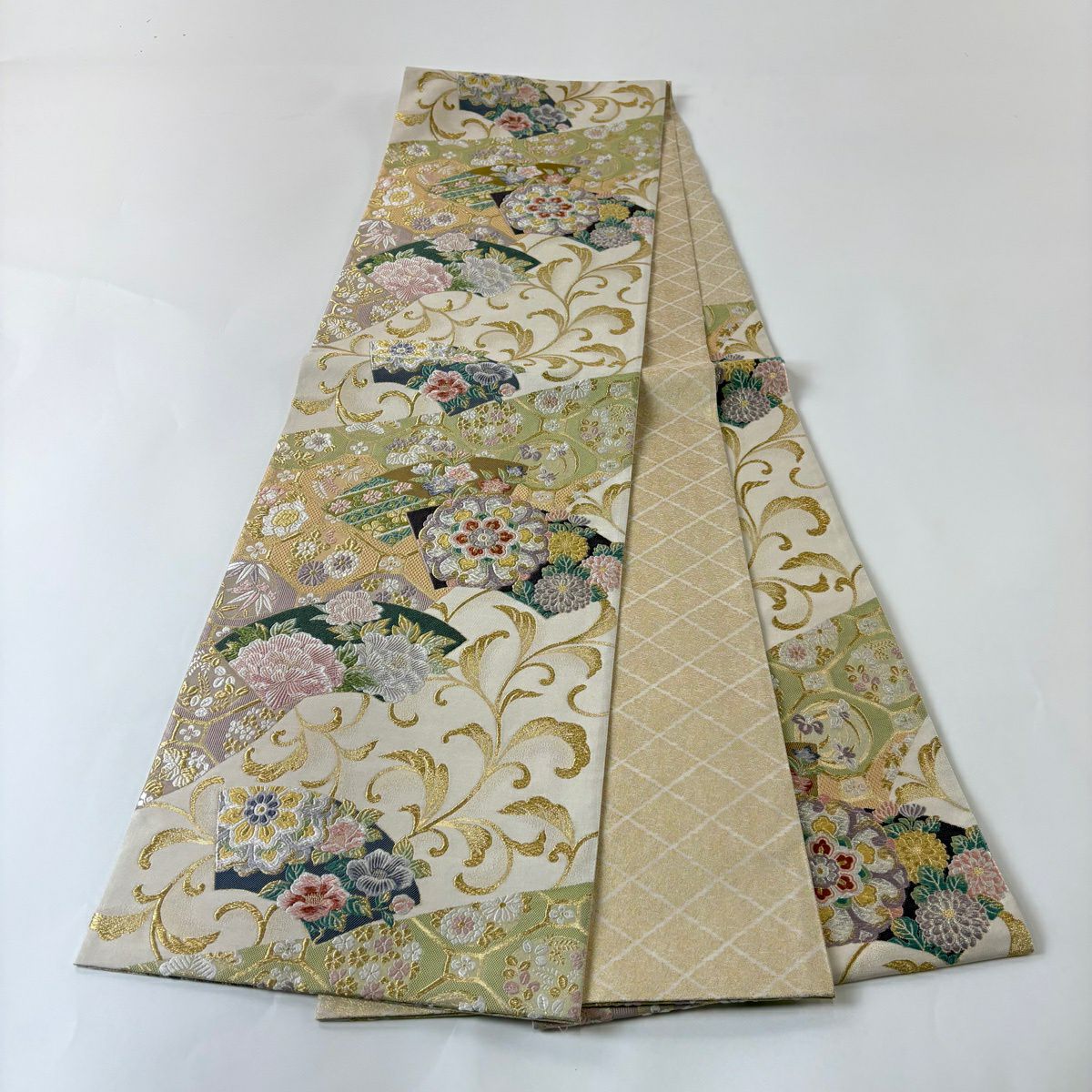 袋帶 秀品級 華紋 扇子面 金銀絲 唐織 米色 六通 純蠶絲
