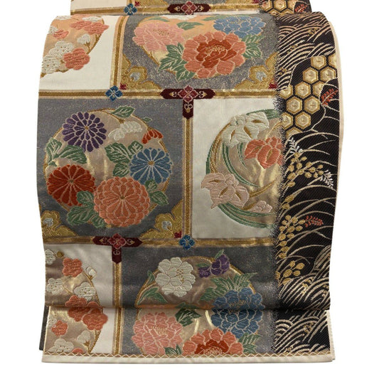 袋帶 秀品級 關西仕立 花丸紋 波 金絲 金金箔 奶油 六通 純蠶絲